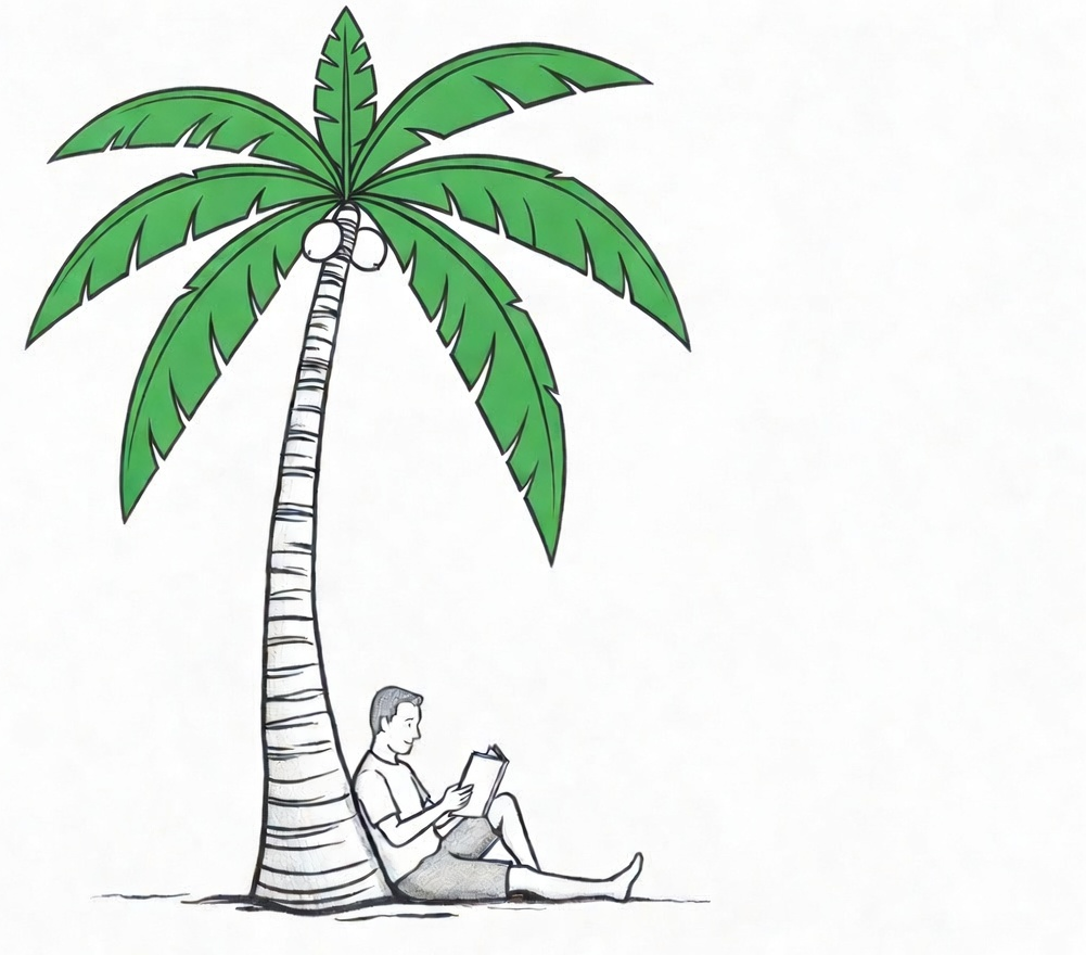 cartoon of a man reading a book sitting under a palm