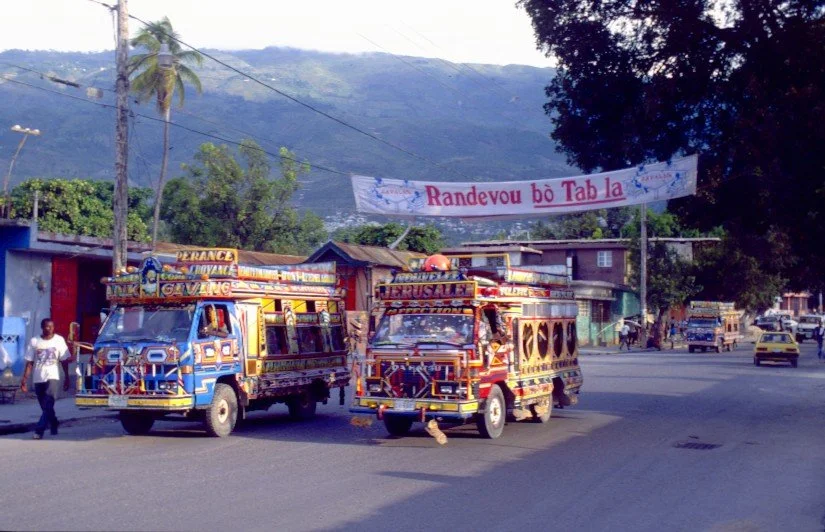 colourful tap tap buses in Port au Prince, Haiti 