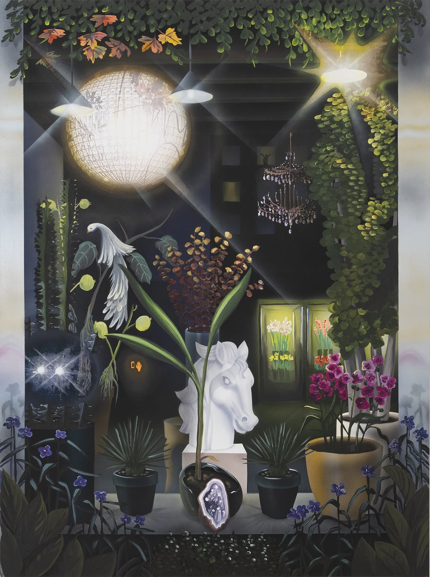  Garden Nocturne ;
Flashe, oil, acrylic, CMYK silkscreen, on Dibond;
59 x 44 in;
2026