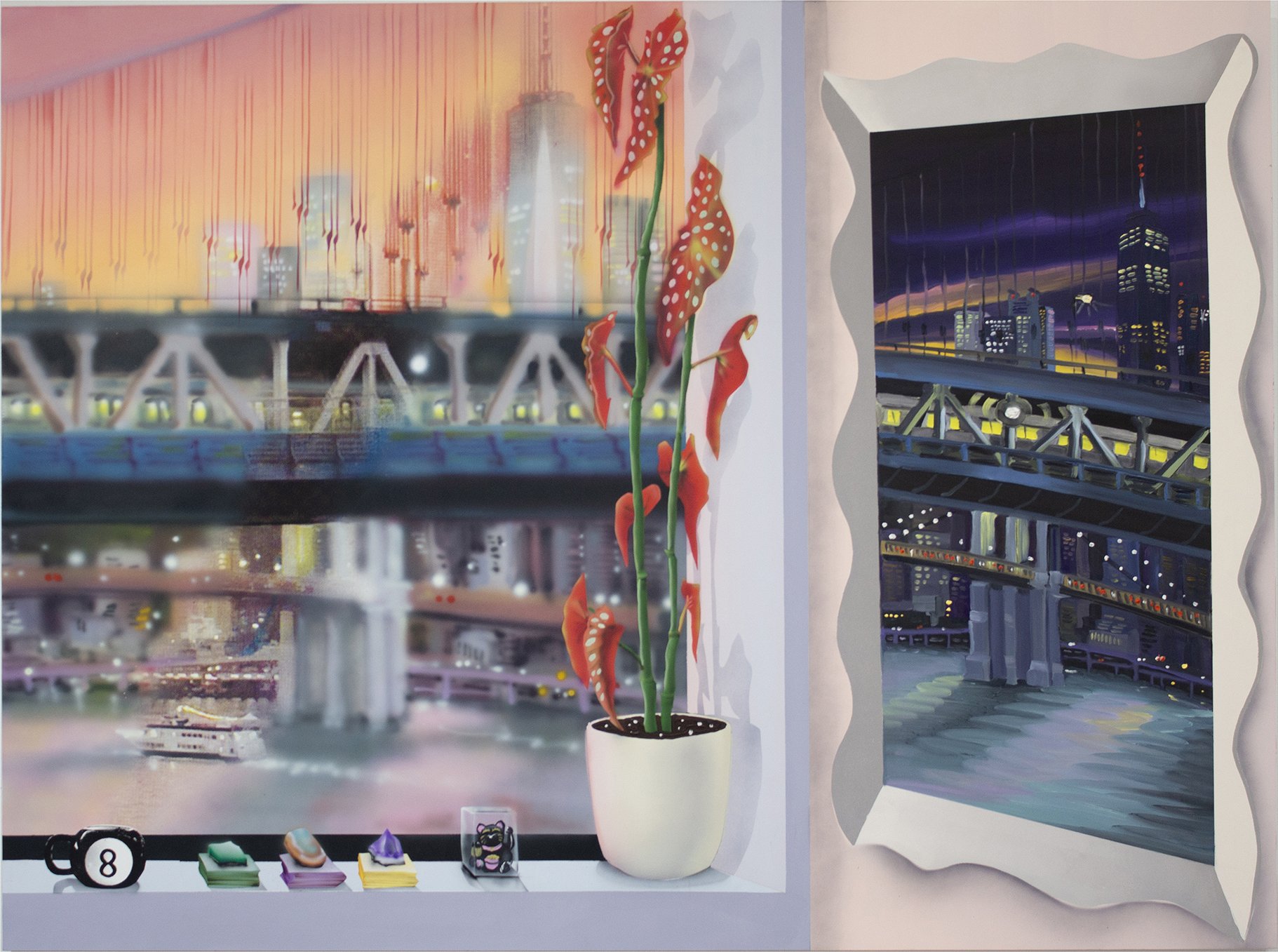  Eleven Minutes Later ; 
Flashe, oil, cmyk silkscreen, acrylic on dibond;
47 x 63 in;
2025