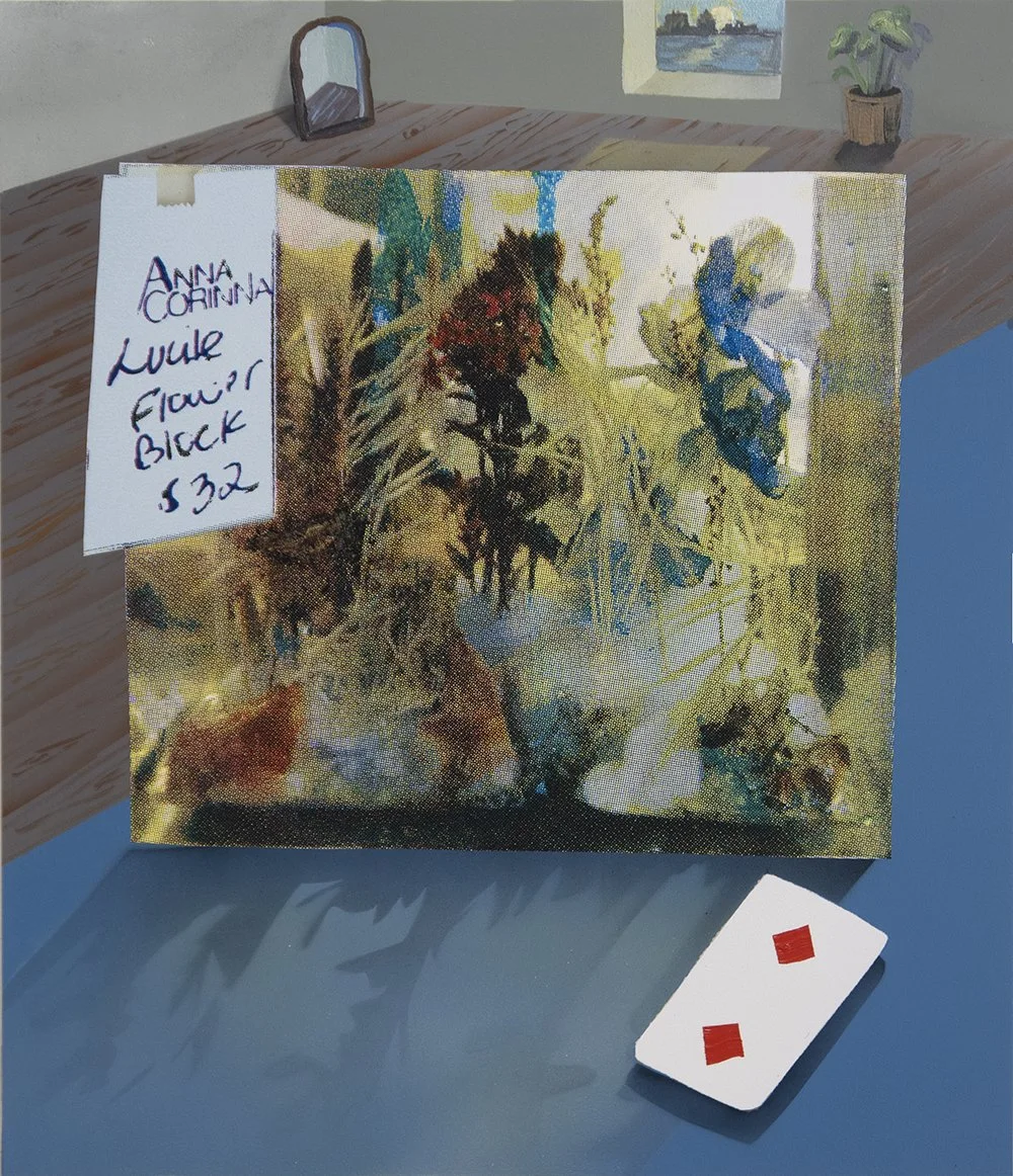 Thrift Store Find with Playing Card ;
flashe, oil, acrylic on dibond;
21 in x 18 in;
2021