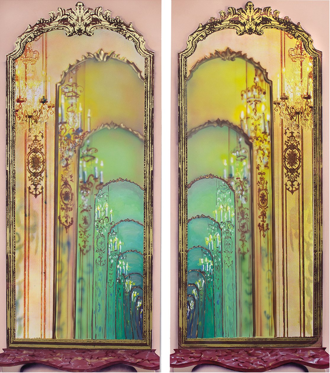  Echoing Past / The Persistence of the Future ; 
Flashe, oil, cmyk silkscreen, acrylic on dibond;
52 x 59 in; (diptych)
2025