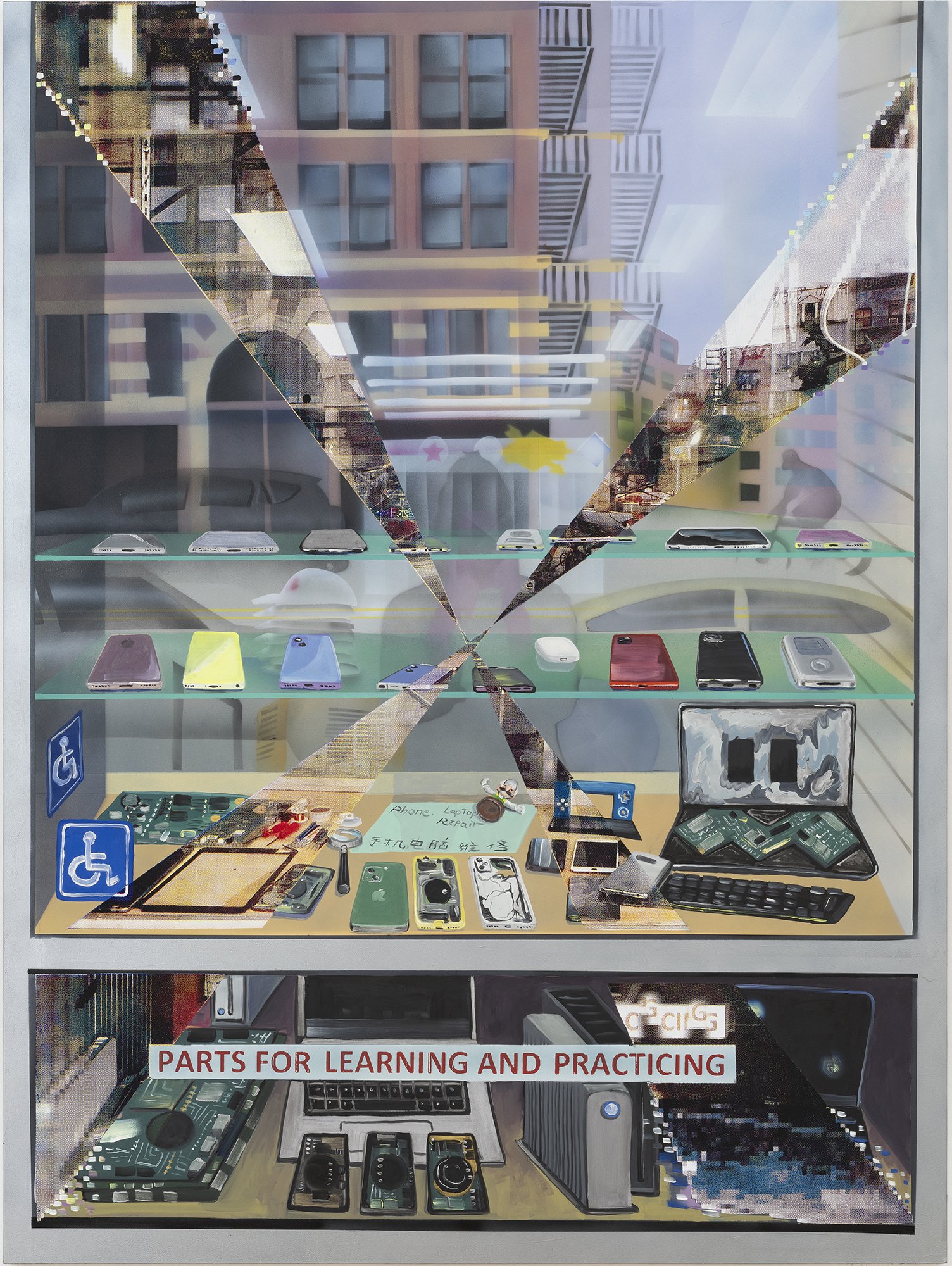  Parts for Learning and Practicing ;
Flashe, oil, acrylic, CMYK silkscreen, on Dibond;
59 x 44 in;
2026