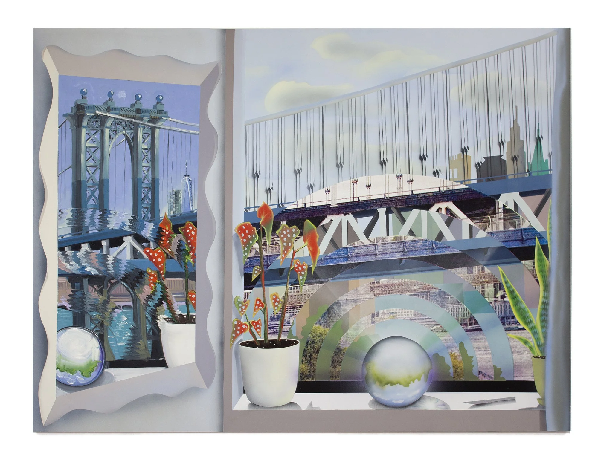  Mirrored Manifestation ; 
Flashe, oil, cmyk silkscreen, acrylic on dibond;
47 x 63 in;
2025