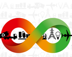 A stylized infinity symbol with a red half featuring cityscape and waste, and a green half showing a wind turbine, electricity grid, and green energy icons.
