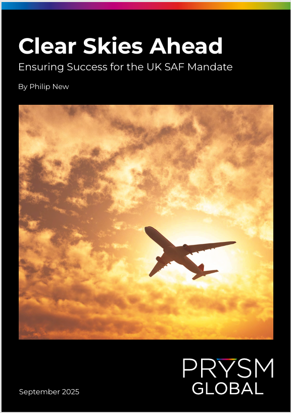 Cover page of a report with a fiery orange sky and an airplane flying through clouds, titled 'Clear Skies Ahead' with subtitle 'Ensuring Success for the UK SAF Mandate', dated September 2025, published by PRYSM GLOBAL.