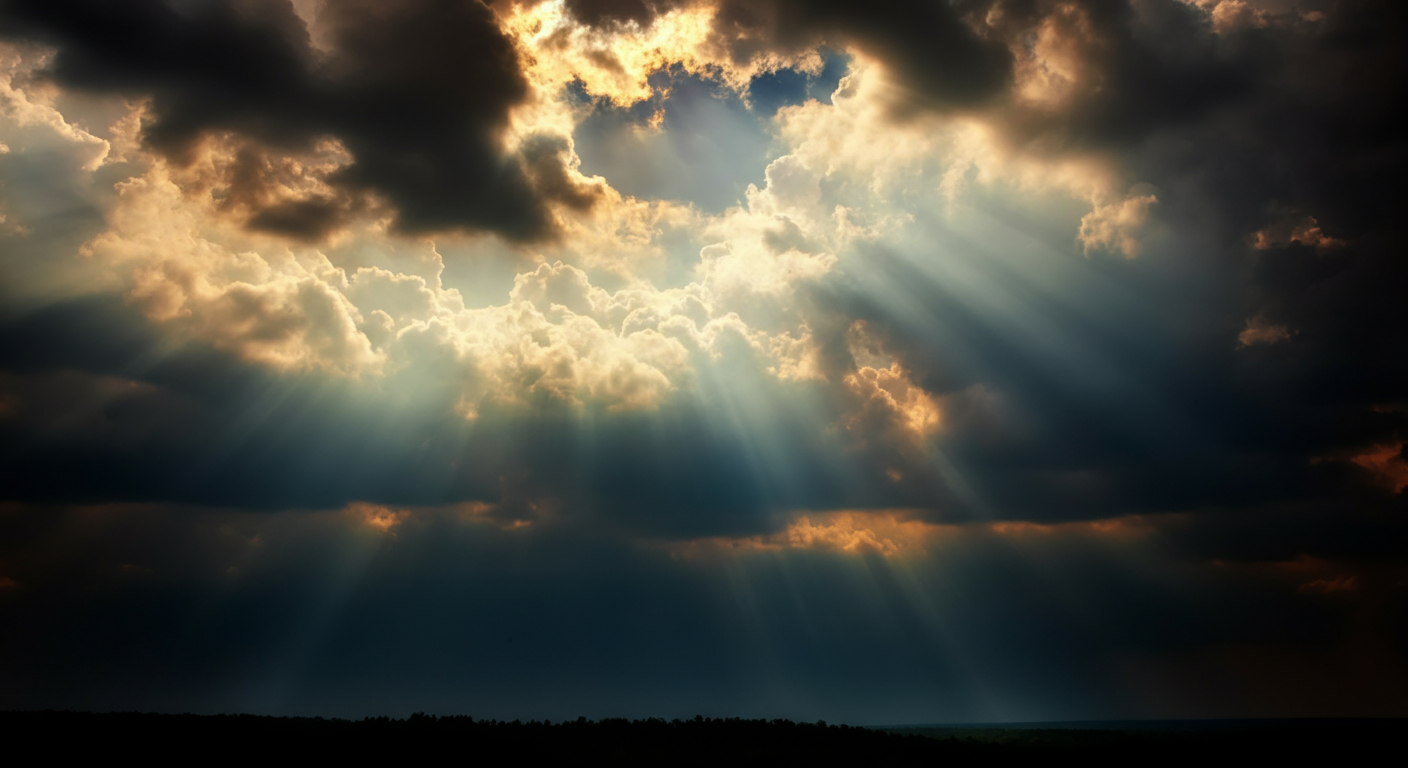 Sunlight breaking through dark storm clouds over a flat landscape.