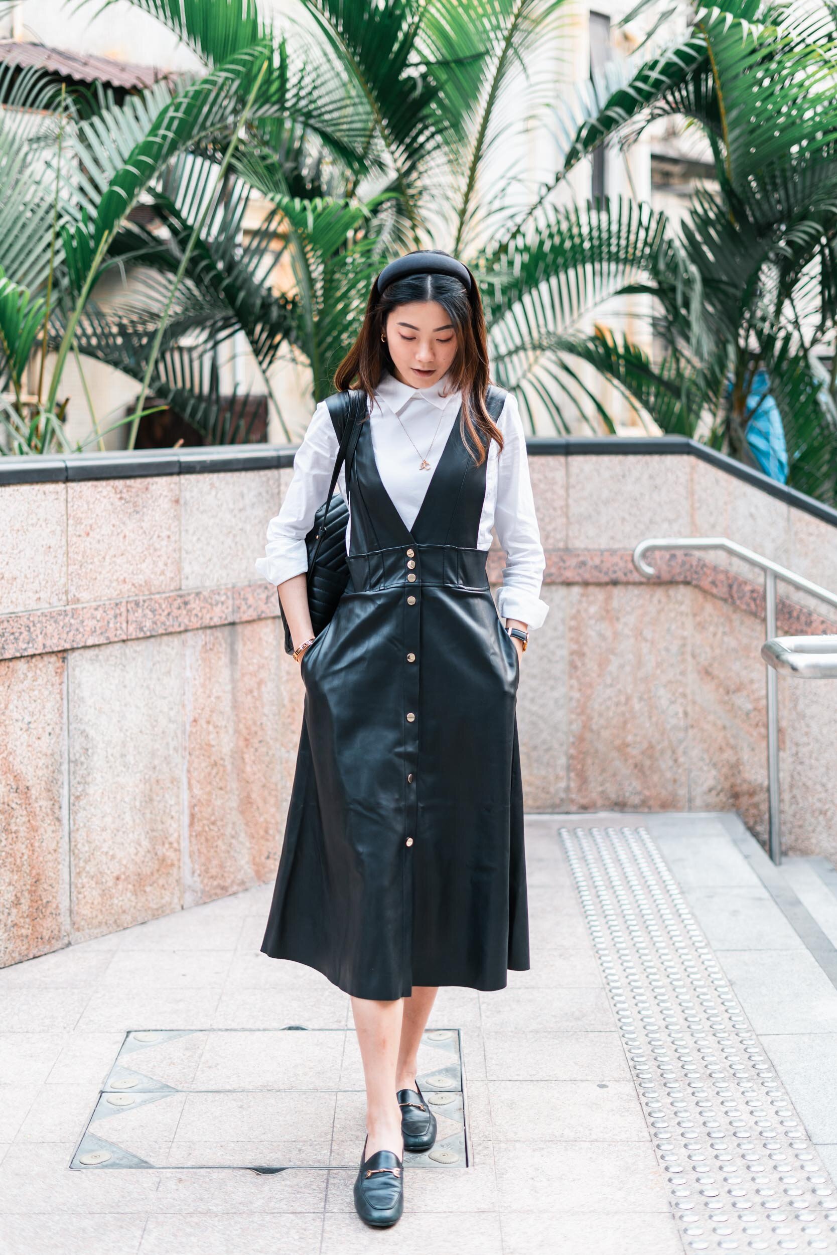 leather pinafore dress outfit