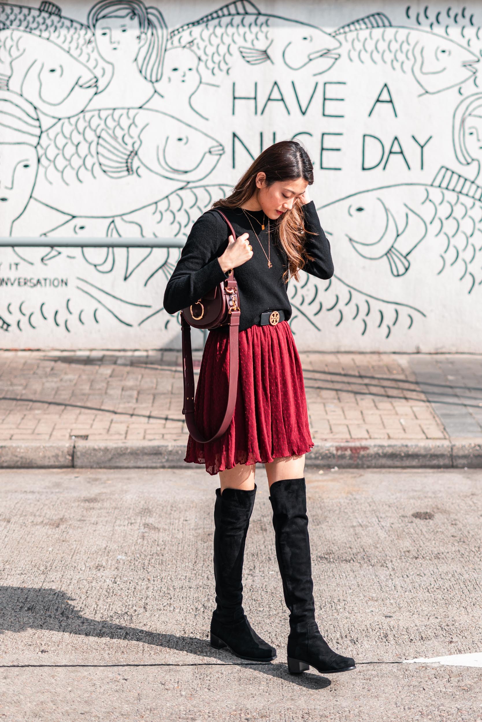 Valentine's Day Outfit Idea: Red Dress + Black Boots.