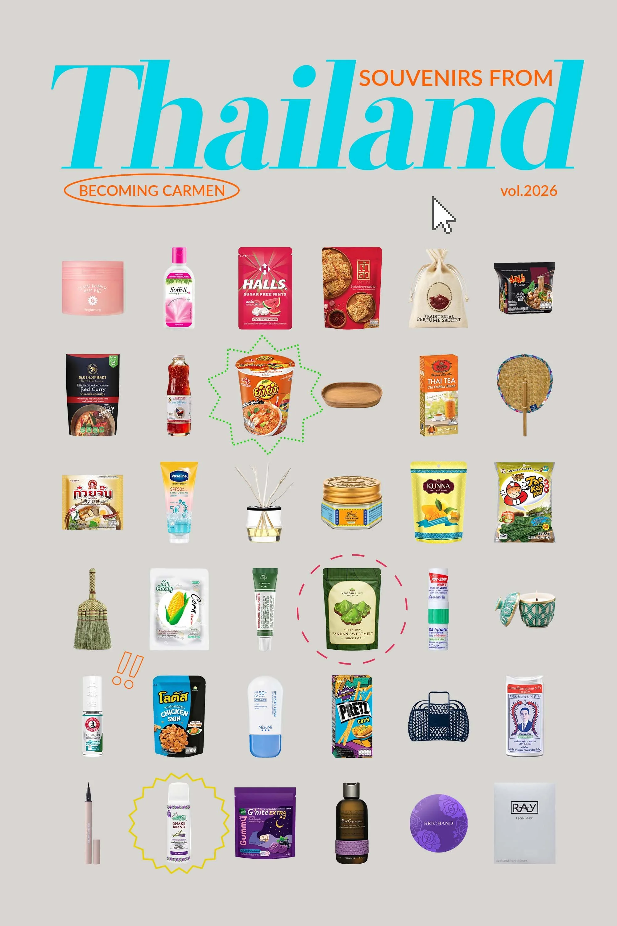 Curated flatlay grid of authentic Thai souvenir ideas, including snacks, beauty products, and home decor by Becoming Carmen