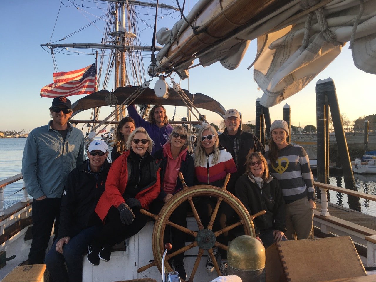   A 2021 maritime medicine class in Los Angeles posing together on the sailboat.  