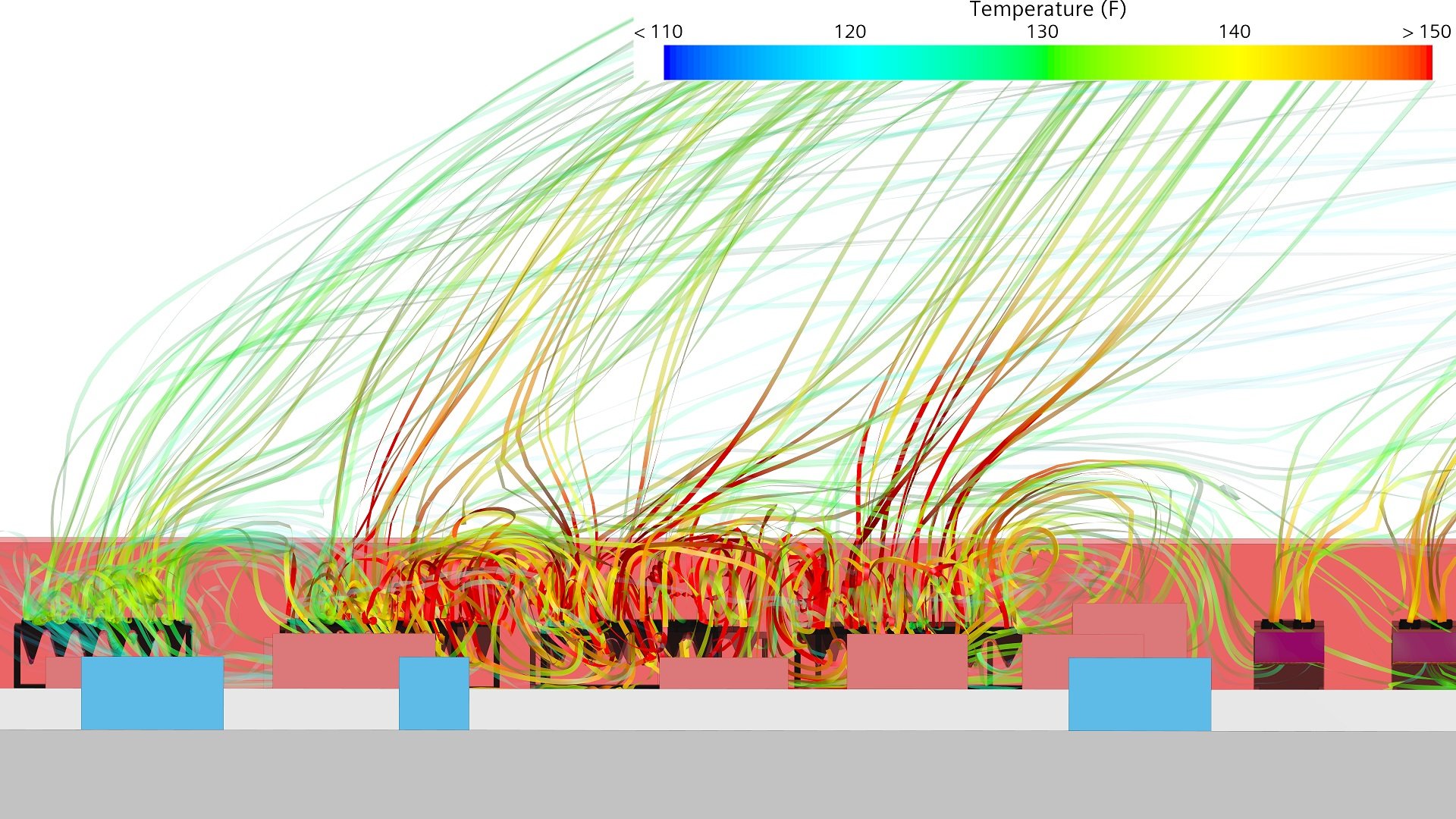 Elevation view of the affected chiller bank with per-unit intake temperature coloring, intakes at or above the shutdown threshold shaded red