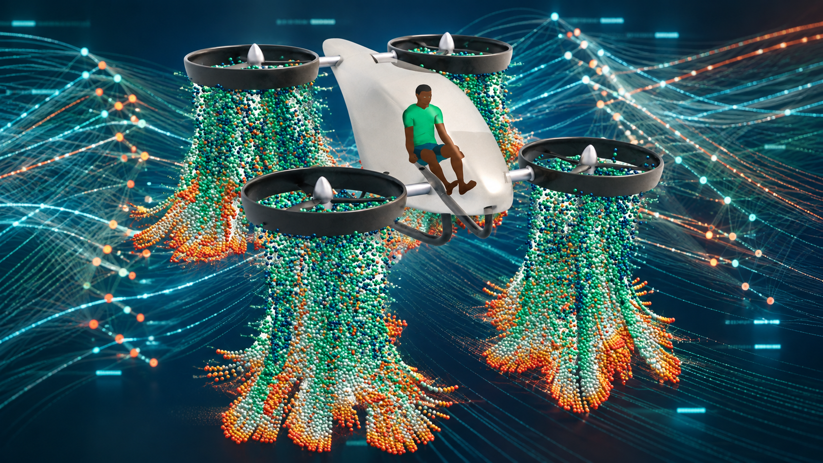 Illustration of an eVTOL air taxi with rotor downwash visualized as colored particle flow