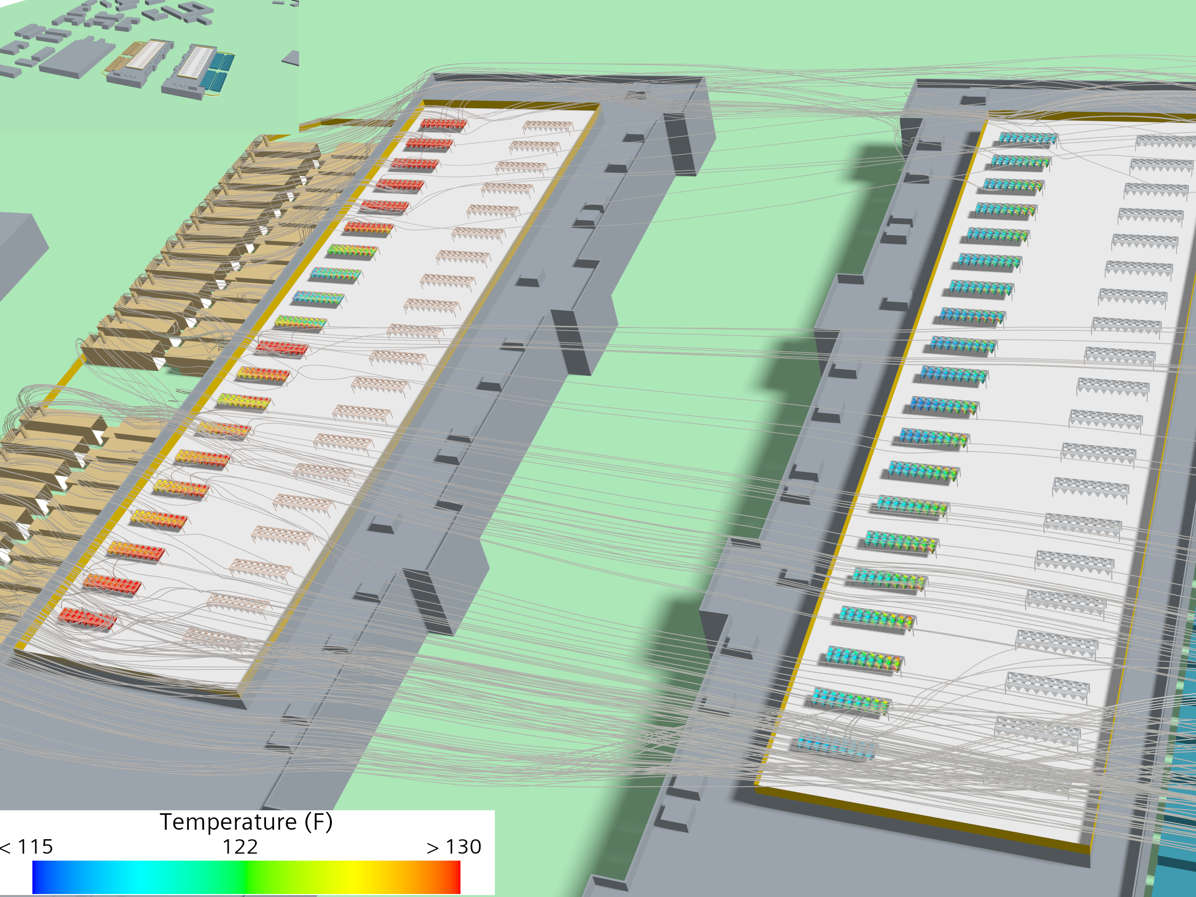Campus-scale exterior CFD result showing generator exhaust and chiller discharge interacting across three adjacent data center buildings under an easterly 10 mph wind at 105 degrees ambient