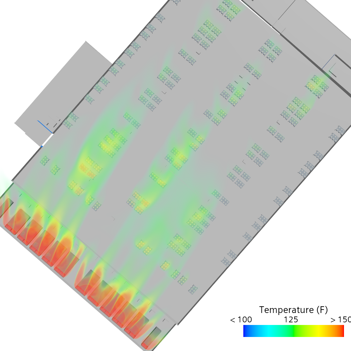 Plan view (top-down) of the rooftop heat-rejection array under the southwesterly wind case, showing intake temperature distribution