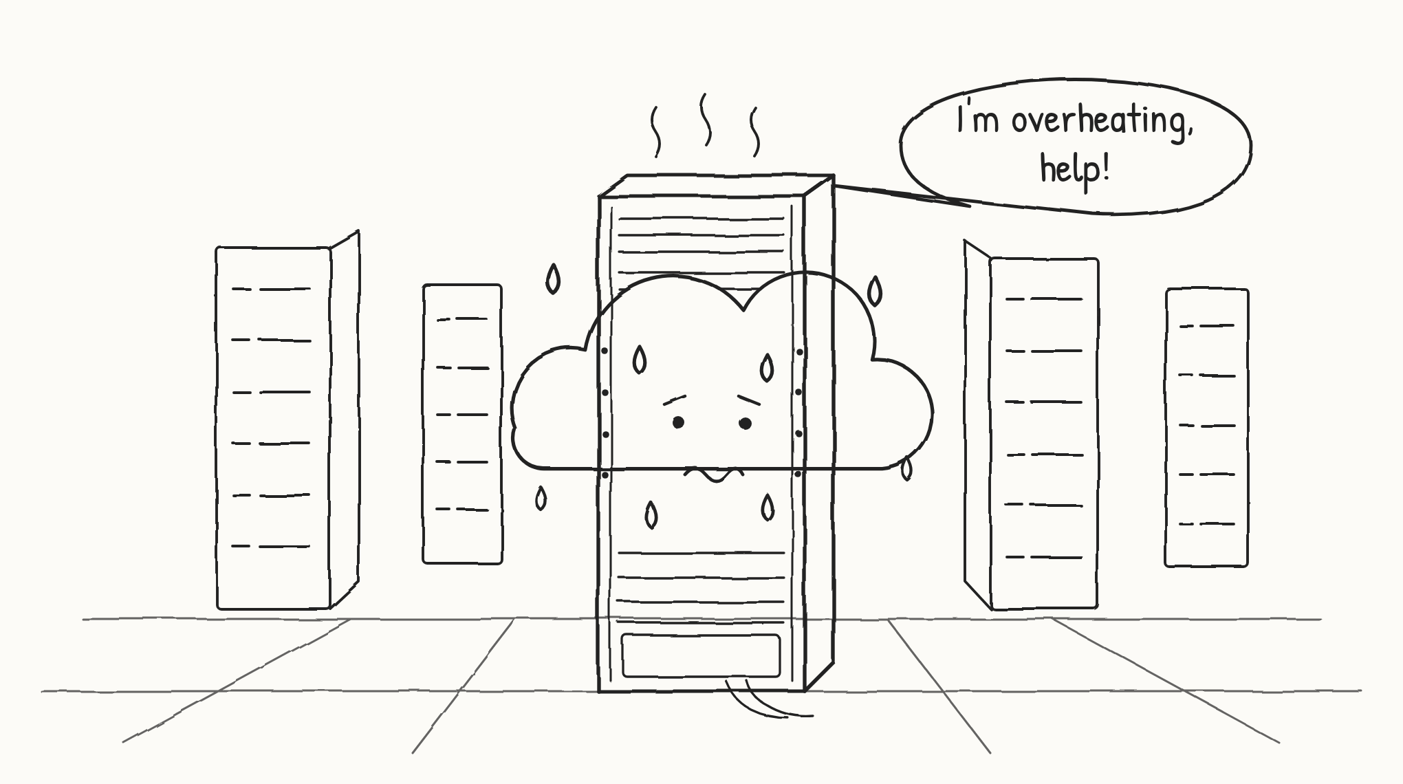Cartoon of a server rack in a data hall with a worried, sweating cloud squeezed inside it, saying "I'm overheating, help!" Other server racks stand in the background.