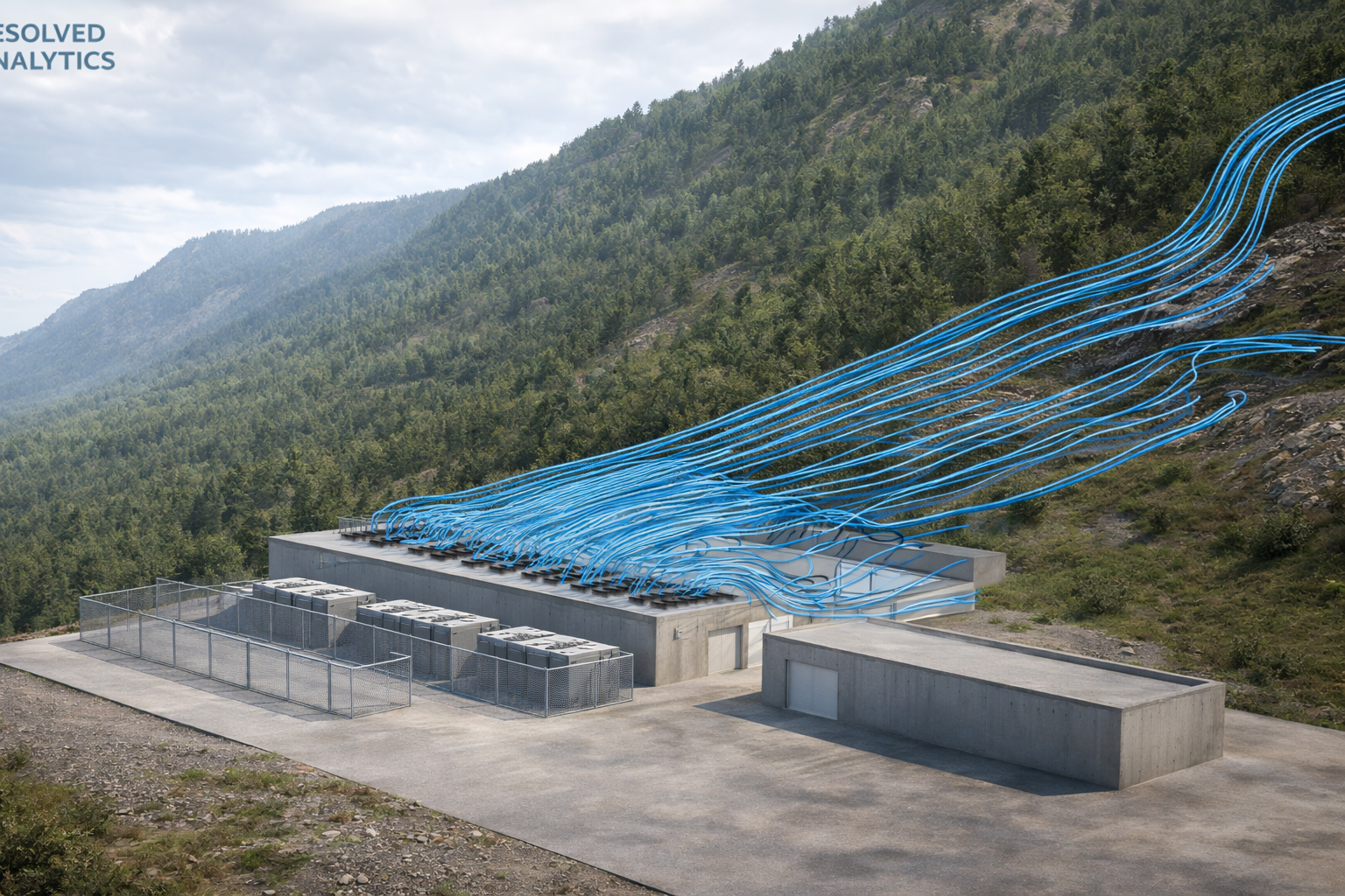 CFD visualization of thermal plumes rising from a data center rooftop and adjacent generator yard