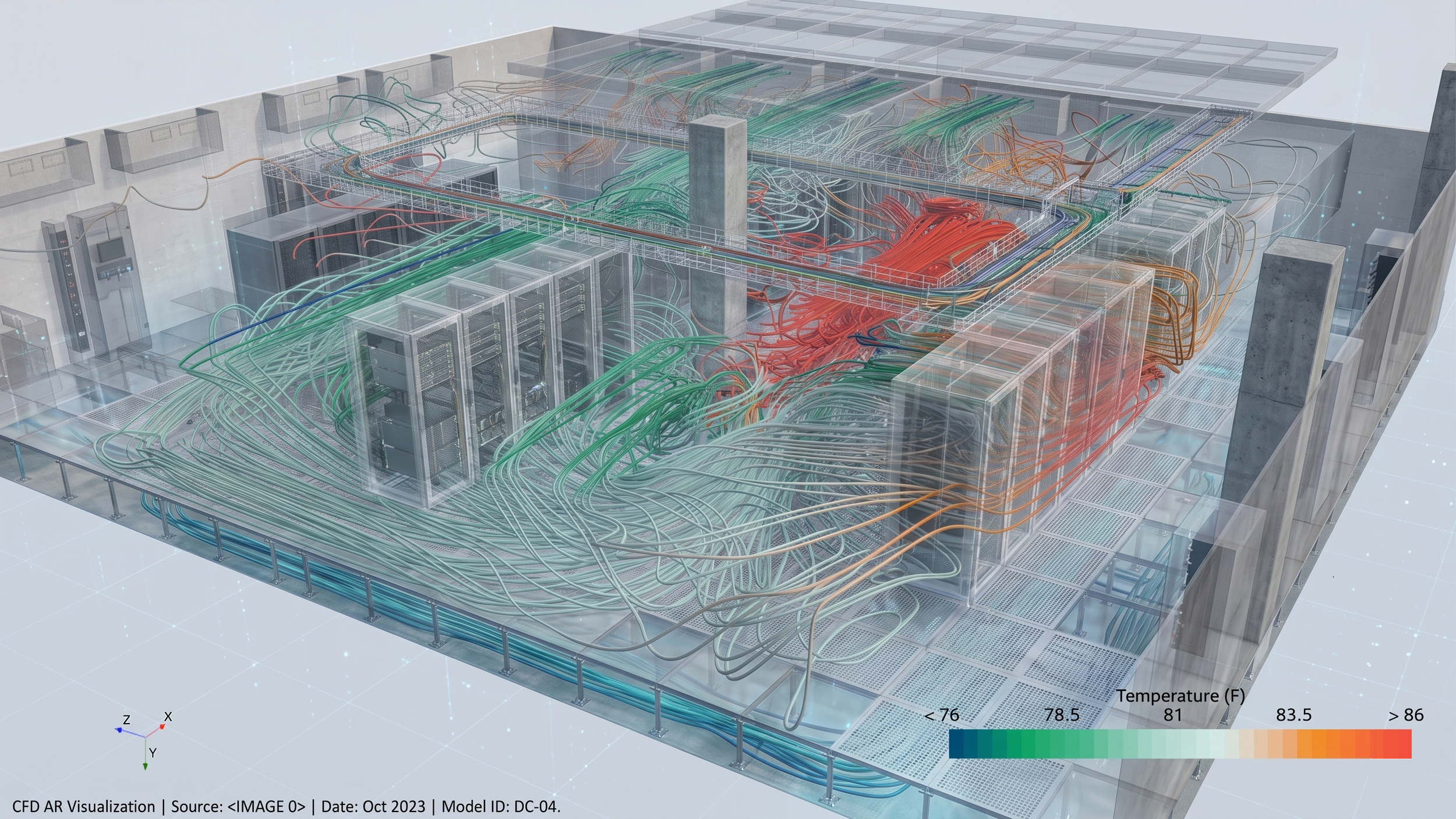 Flow streamlines from CFD analysis of a data hall showing temperature into GPU racks.