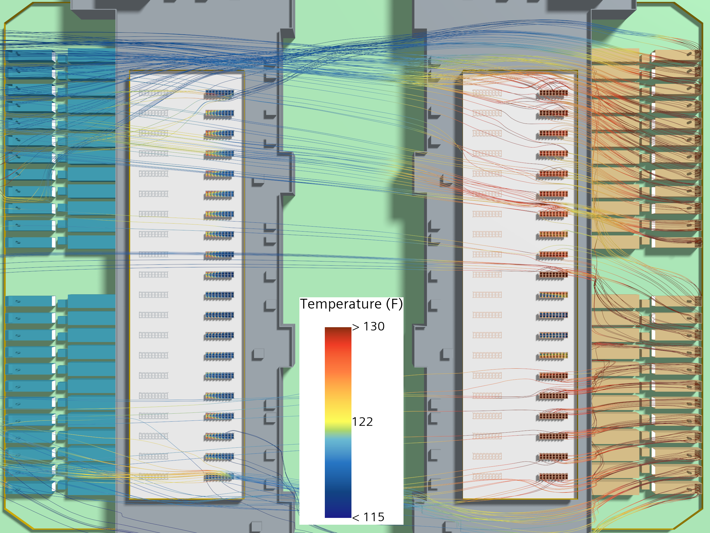 Plan view of the three-building campus showing chiller intake temperatures and streamlines under the easterly wind case