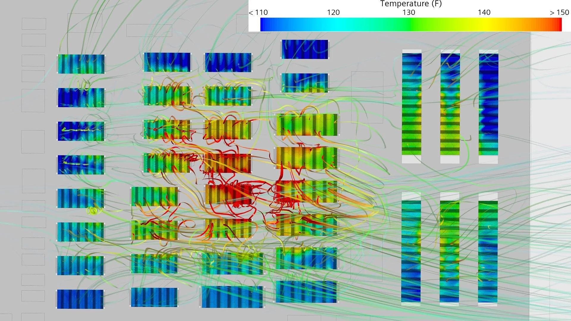 Plan view (top-down) showing streamlines and the recirculation cell over the central rooftop chiller array under the northwesterly wind case