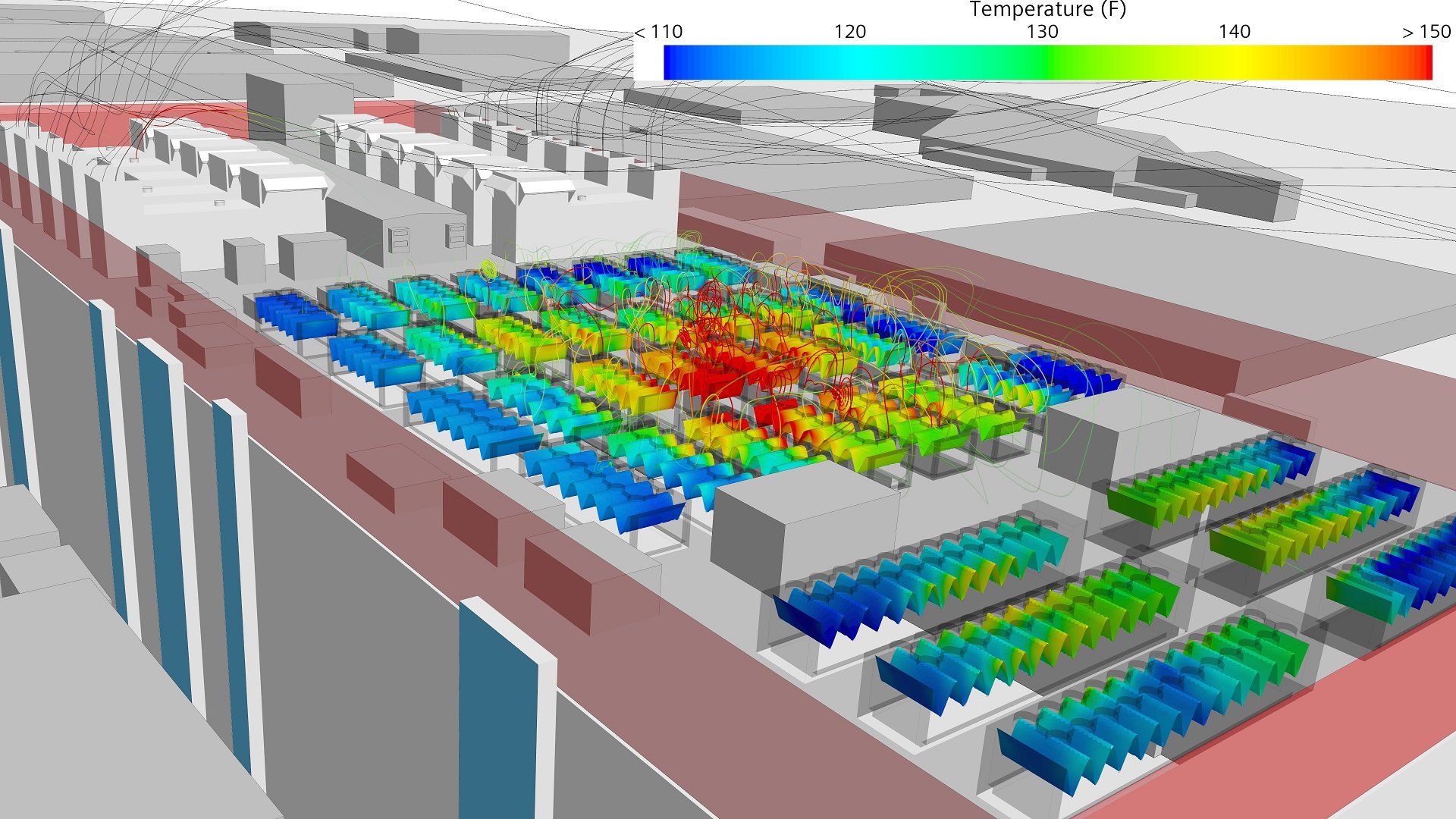 Exterior CFD result showing a recirculation cell forming over the central rooftop chiller array under a northwesterly 10 mph wind at 108 degrees ambient, driven by an upwind taller building and the rooftop generator enclosures