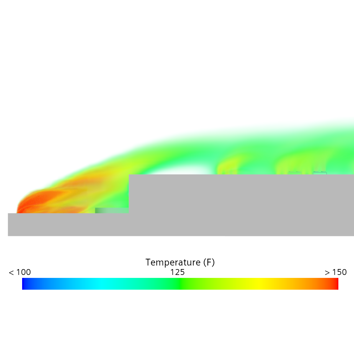 Elevation view showing the ground-level generator exhaust column lofting up the south face and onto the rooftop array