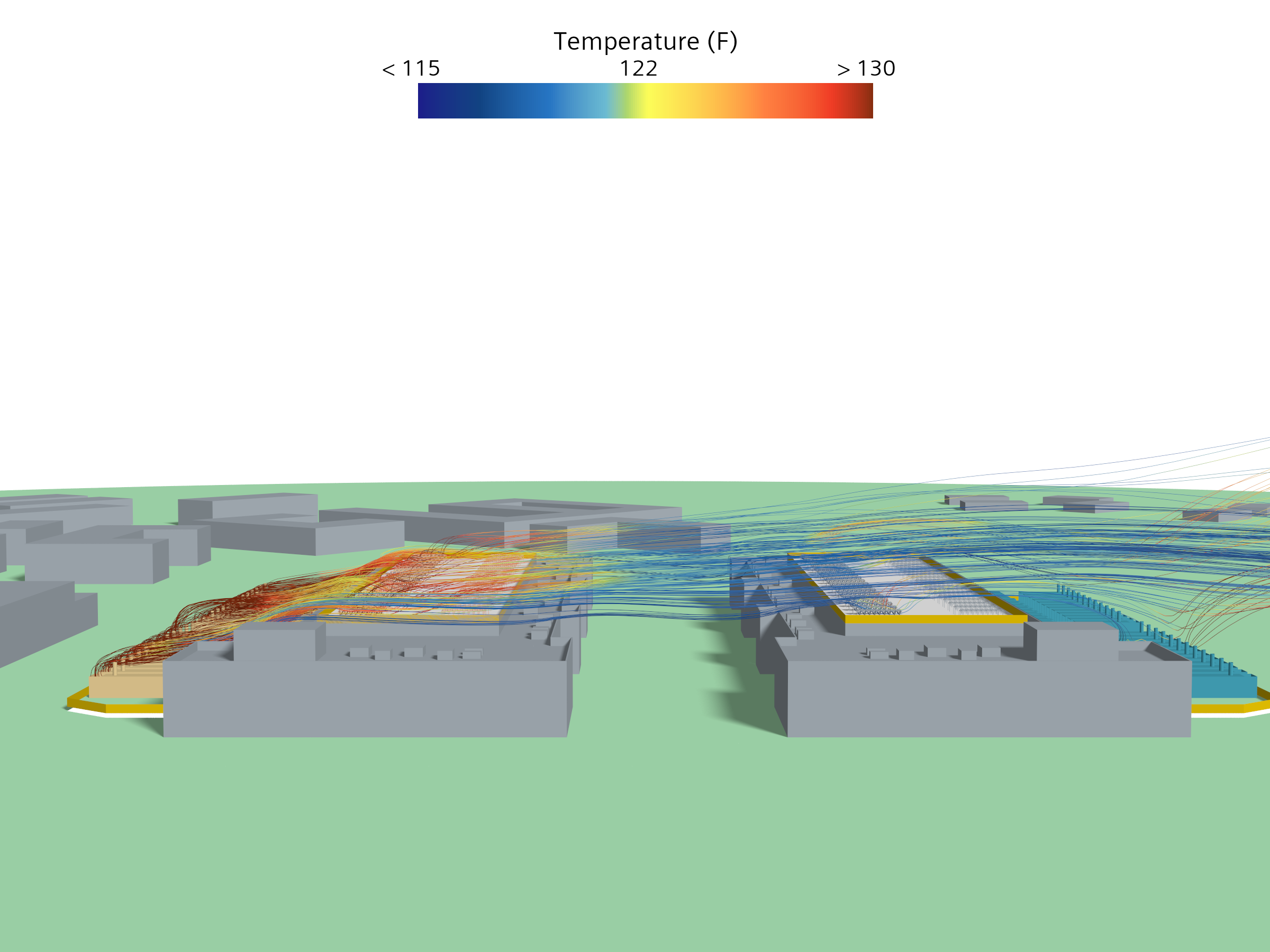 Elevation view of the campus showing plume rise above the roofs and the sheltering and channeling influence of adjacent building masses