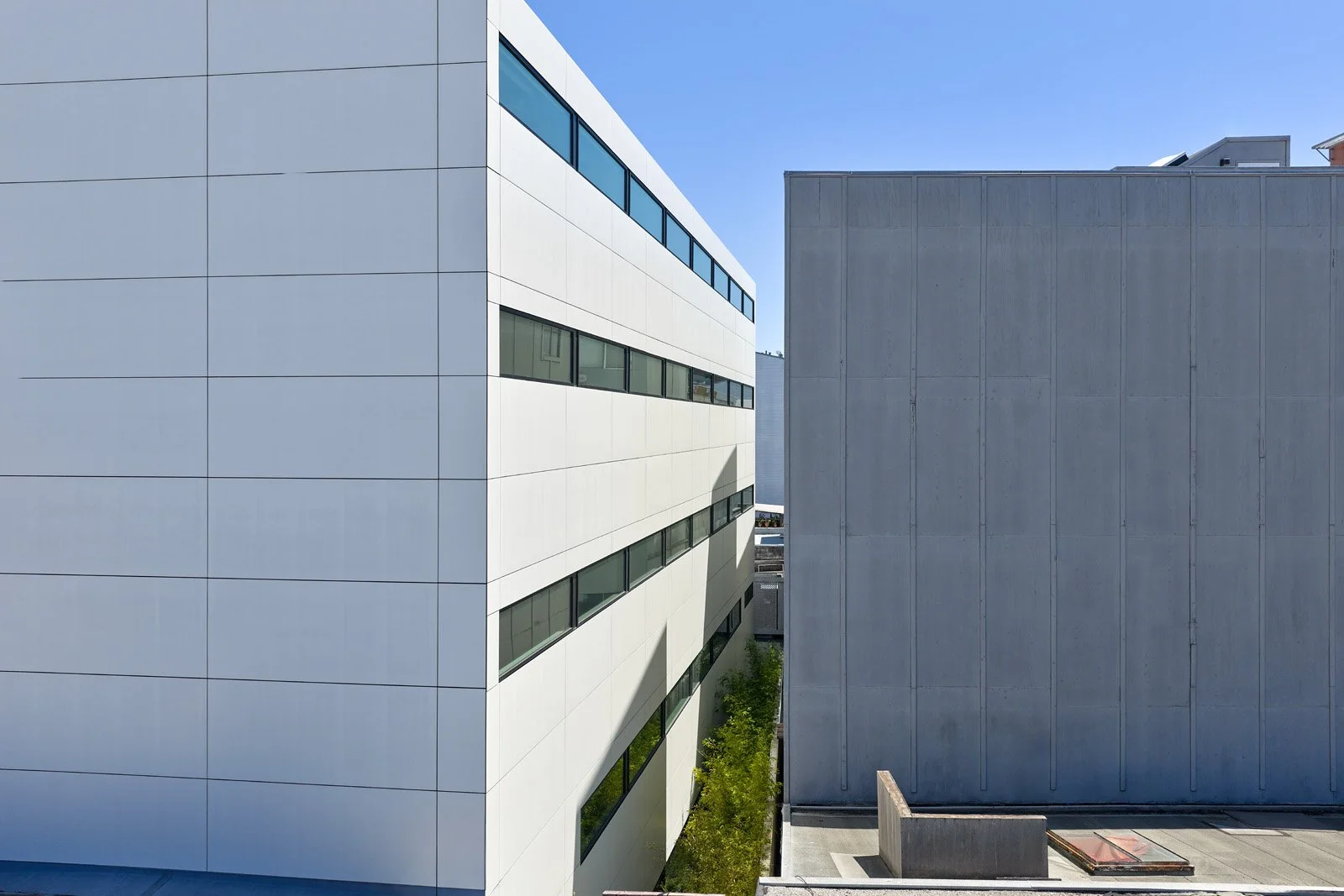 View of modern office buildings with white and gray facades and horizontal windows against a clear blue sky.