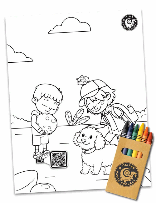 Gif of coloring page. 2 children and dog jumping for joy. One boy releases a dino egg which reveals a dino at the top of their jump