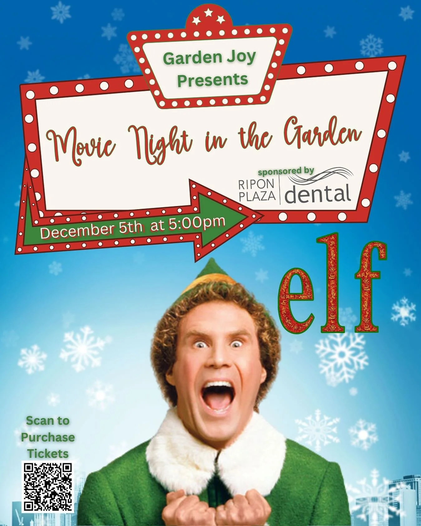 🎬✨ Movie Night in the Garden! ✨🎬
Join us on Friday, December 5th as Garden Joy presents Elf! 🎅🏼 Sponsored by our friends at @riponplazadental 🦷

🎟️ Gates open at 5:00pm
🎞️ Movie starts at 5:30pm

We&rsquo;re spreading extra holiday cheer with 