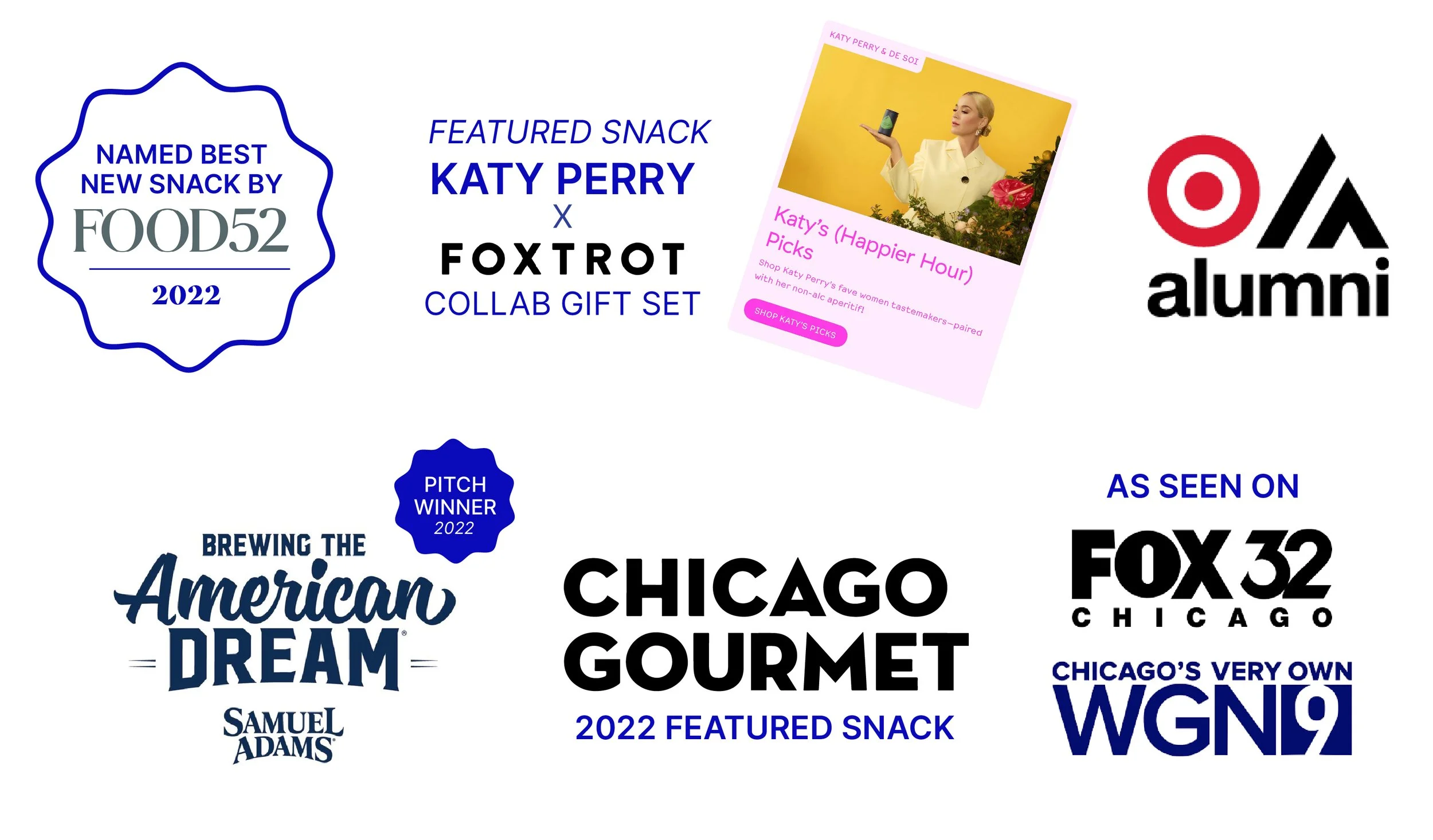 Collage of logos and text highlighting a 2022 snack collaboration between Food52, Katy Perry, and Foxtrot, featuring the featured snack 'Katy Perry' and accolades including 'Named Best New Snack by Food52,' 'Pitch Winner 2022,' and 'As Seen on FOX 32 Chicago,' with a photo of Katy Perry holding a product.