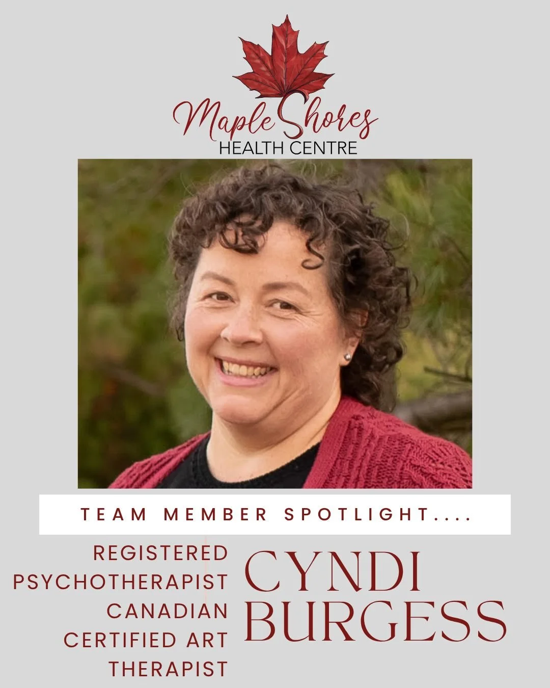 🌟 Maple Shores Team Member Spotlight: Cyndi Burgess 🌿

We&rsquo;re delighted to feature Cyndi Burgess, Registered Psychotherapist and Canadian Certified Art Therapist, as this week&rsquo;s Maple Shores Team Spotlight! 🎨💚

Cyndi brings compassion,