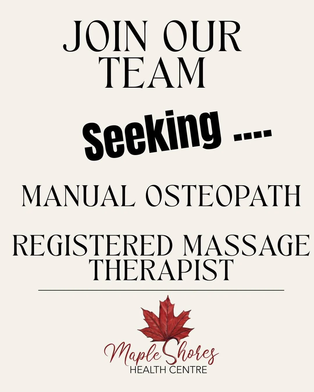 🌿 Join Our Team at Maple Shores Health Centre!

We&rsquo;re growing and currently seeking an Osteopathic Manual Practitioner and a Registered Massage Therapist to join our collaborative, client-focused team.

At Maple Shores Health Centre, we take a