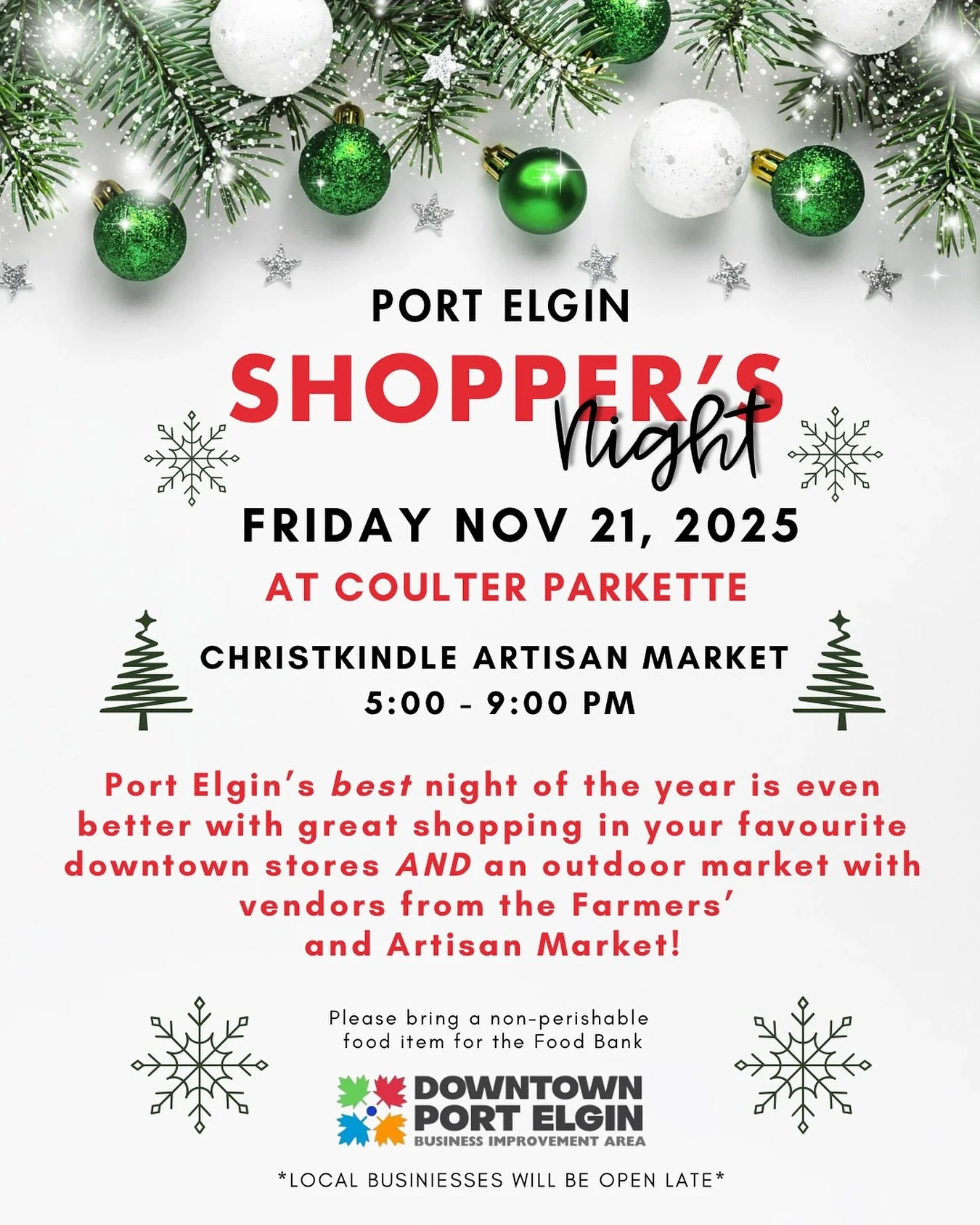 🎄✨ Mark Your Calendars, Port Elgin! ✨🎄

Shopper&rsquo;s Night is back &mdash; this year it's Friday, November 21st!

Come on downtown for an evening full of festive fun, community spirit, and local shopping! 🎁

🌟 Tree Lighting at 6:30 PM
🛍️ Busi