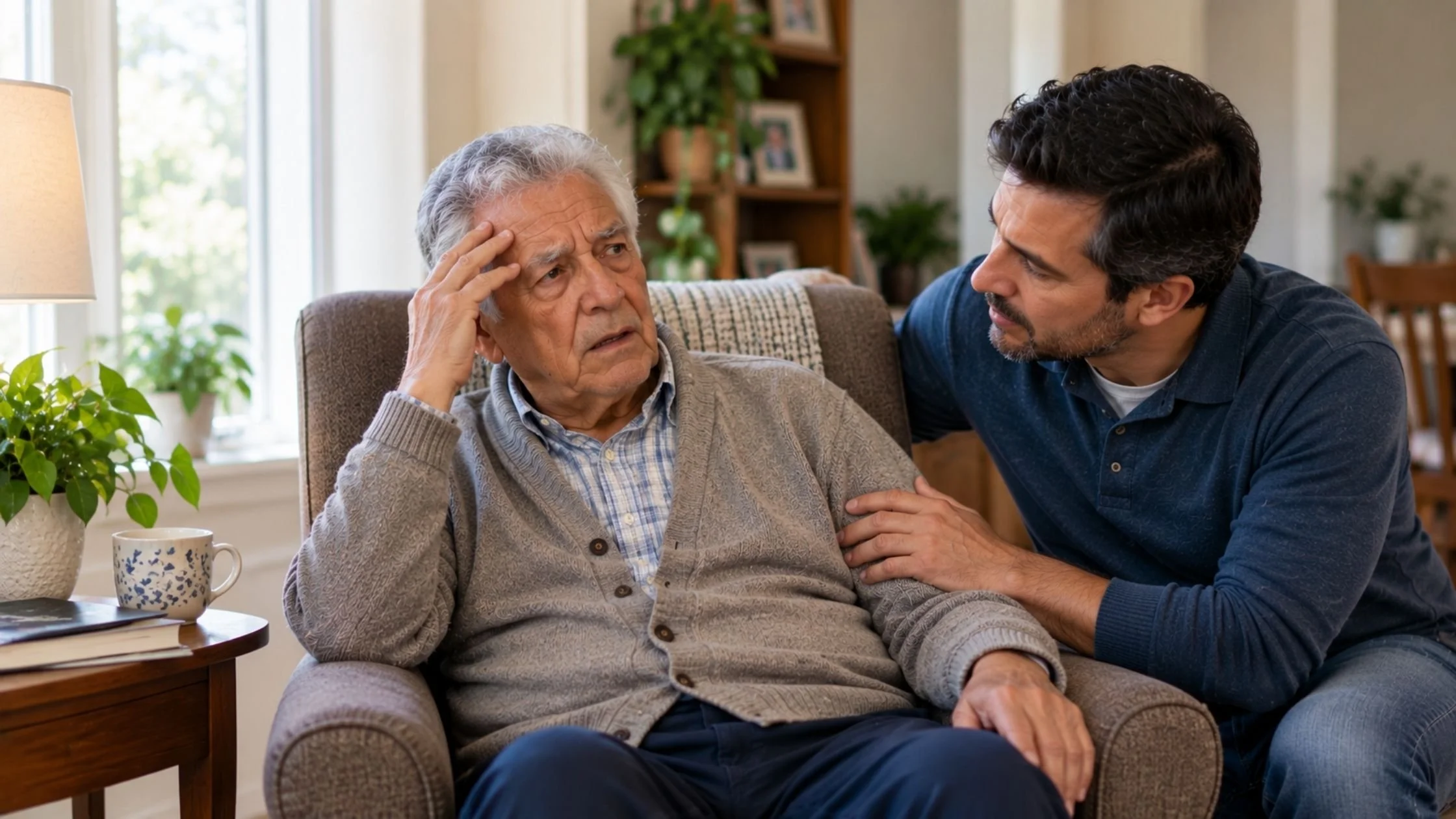 Older man in a cardigan looking disoriented in his armchair while his adult son crouches beside him with a hand on his arm