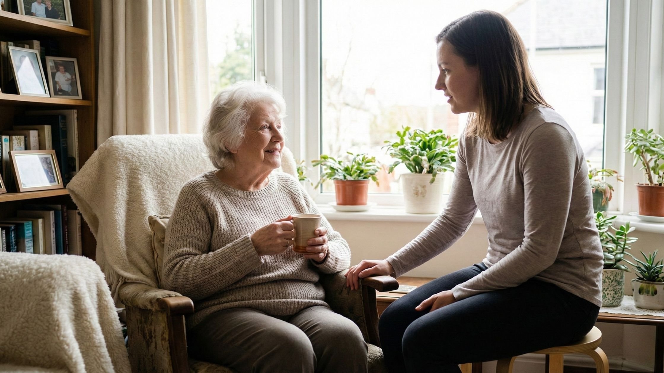 Caregiver sitting with an older adult in a comfortable home setting, sharing a calm conversation that reflects compassionate senior care and emotional wellbeing.