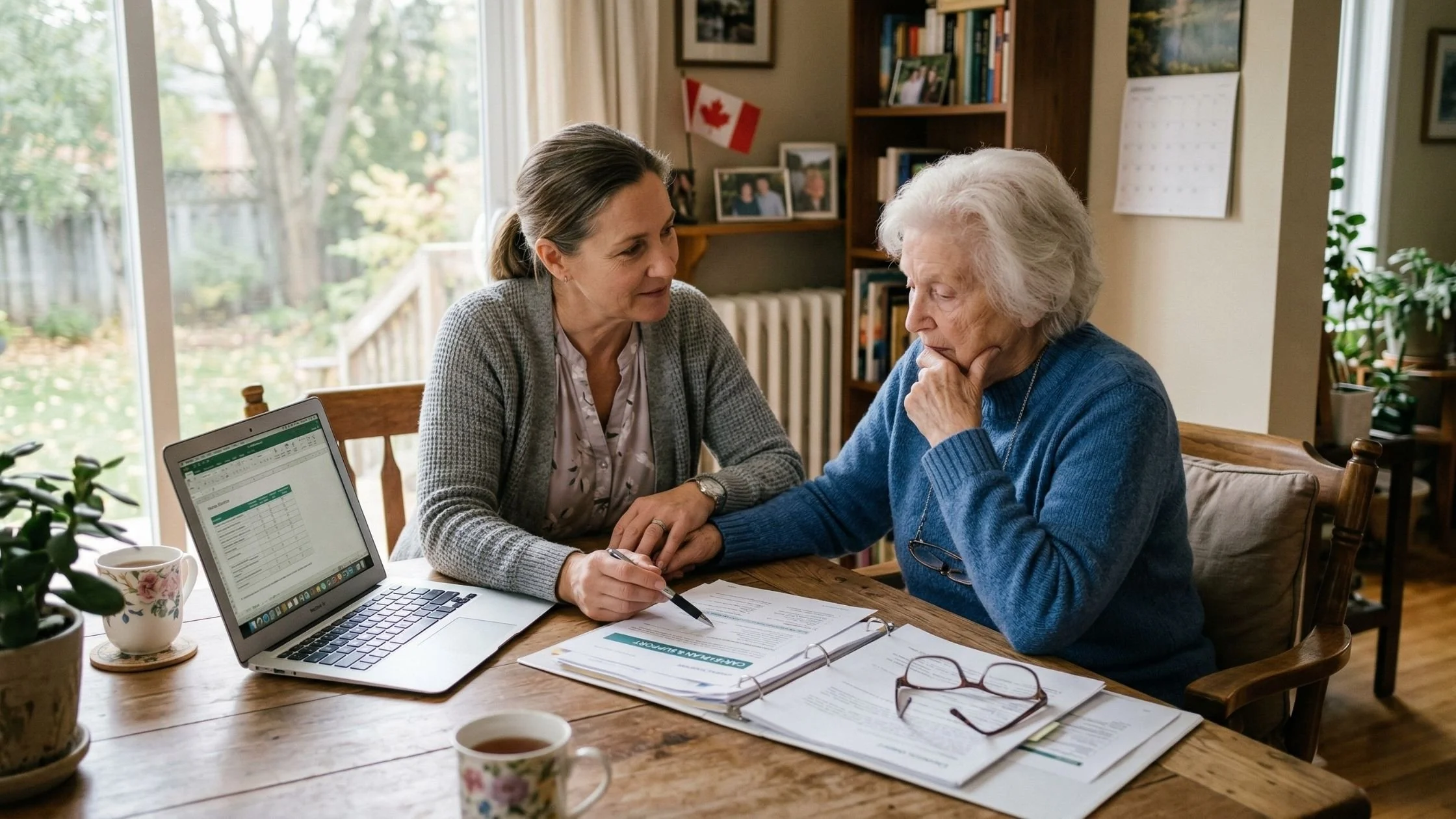Caregiver assisting an elderly woman with paperwork and financial planning at home in a warm, supportive setting in Canada