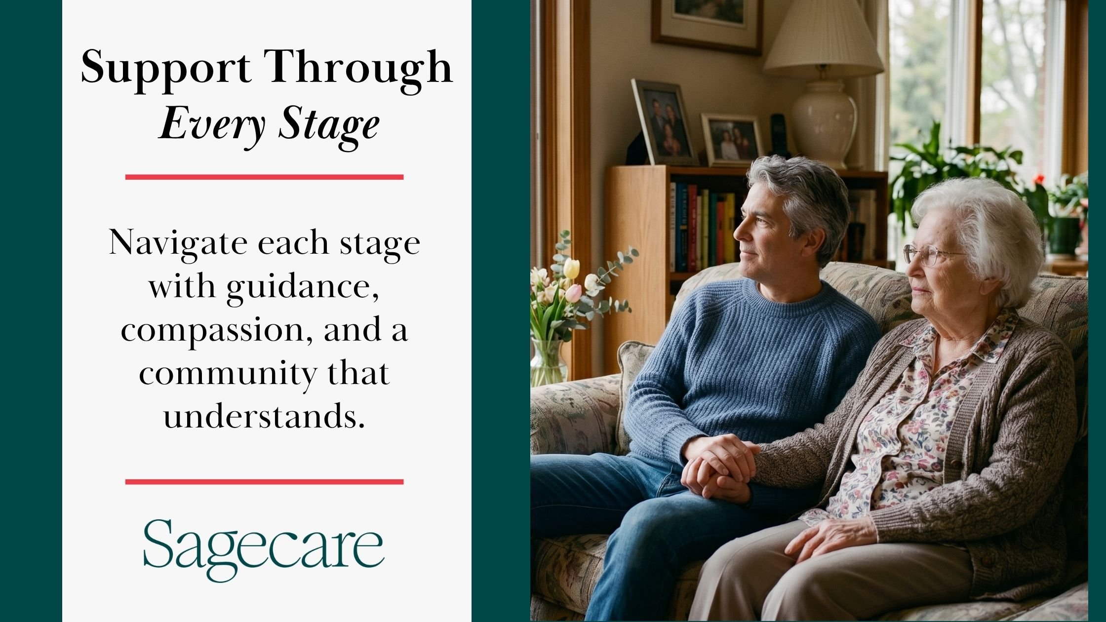 Older woman sitting with an adult family member in a cozy living room, representing compassionate senior care support through every stage at Sagecare