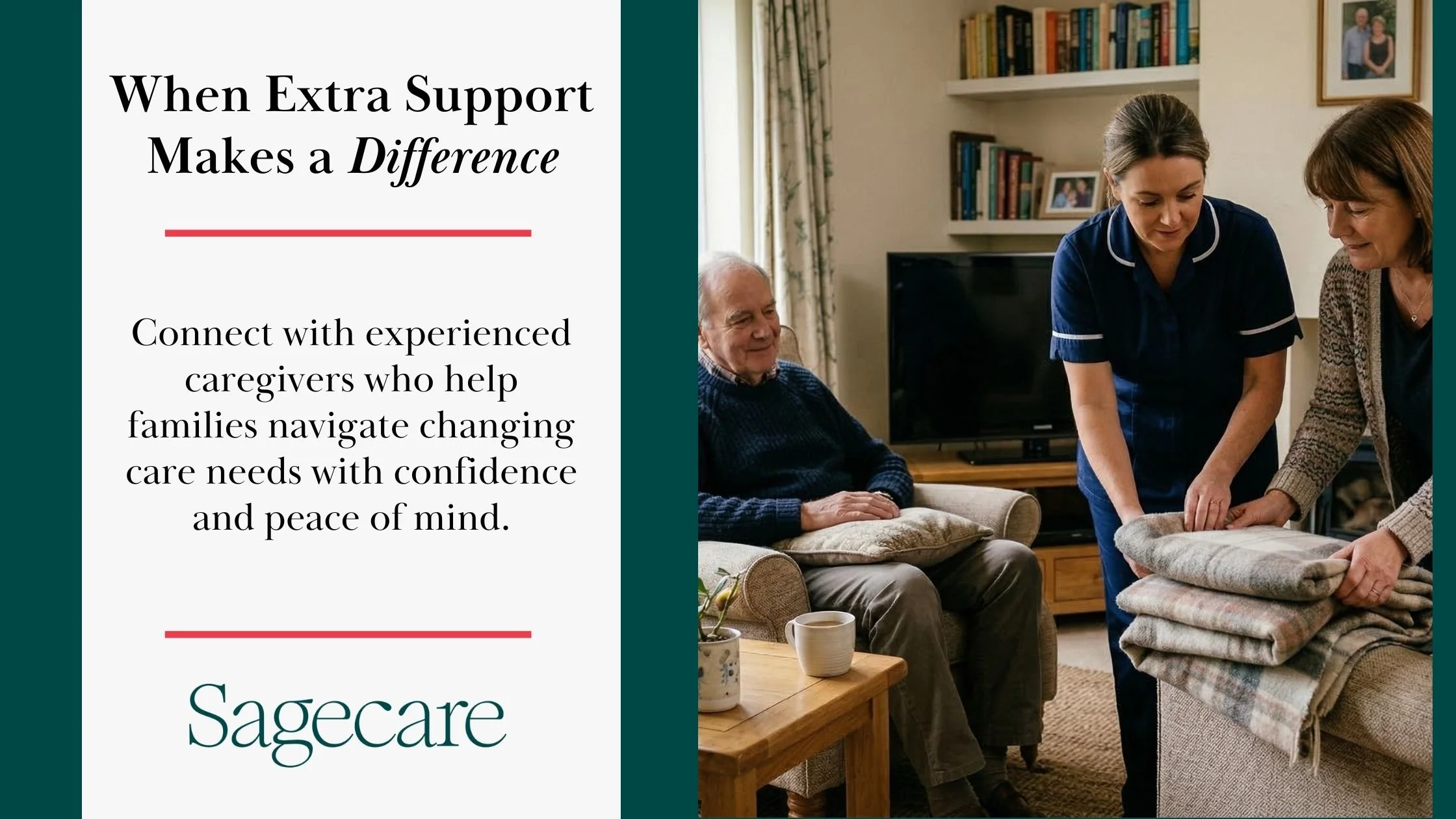 Professional caregiver assisting an elderly couple at home, folding blankets and providing supportive senior home care services.