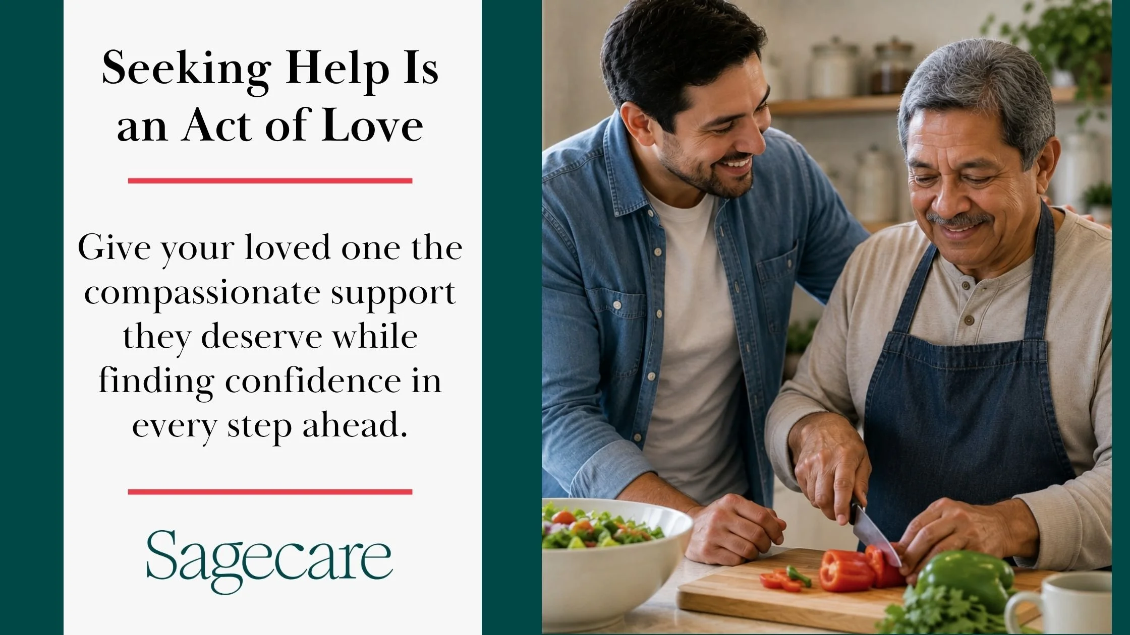 Adult son helping his older father prepare a healthy meal, representing compassionate family support and dementia care with Sagecare