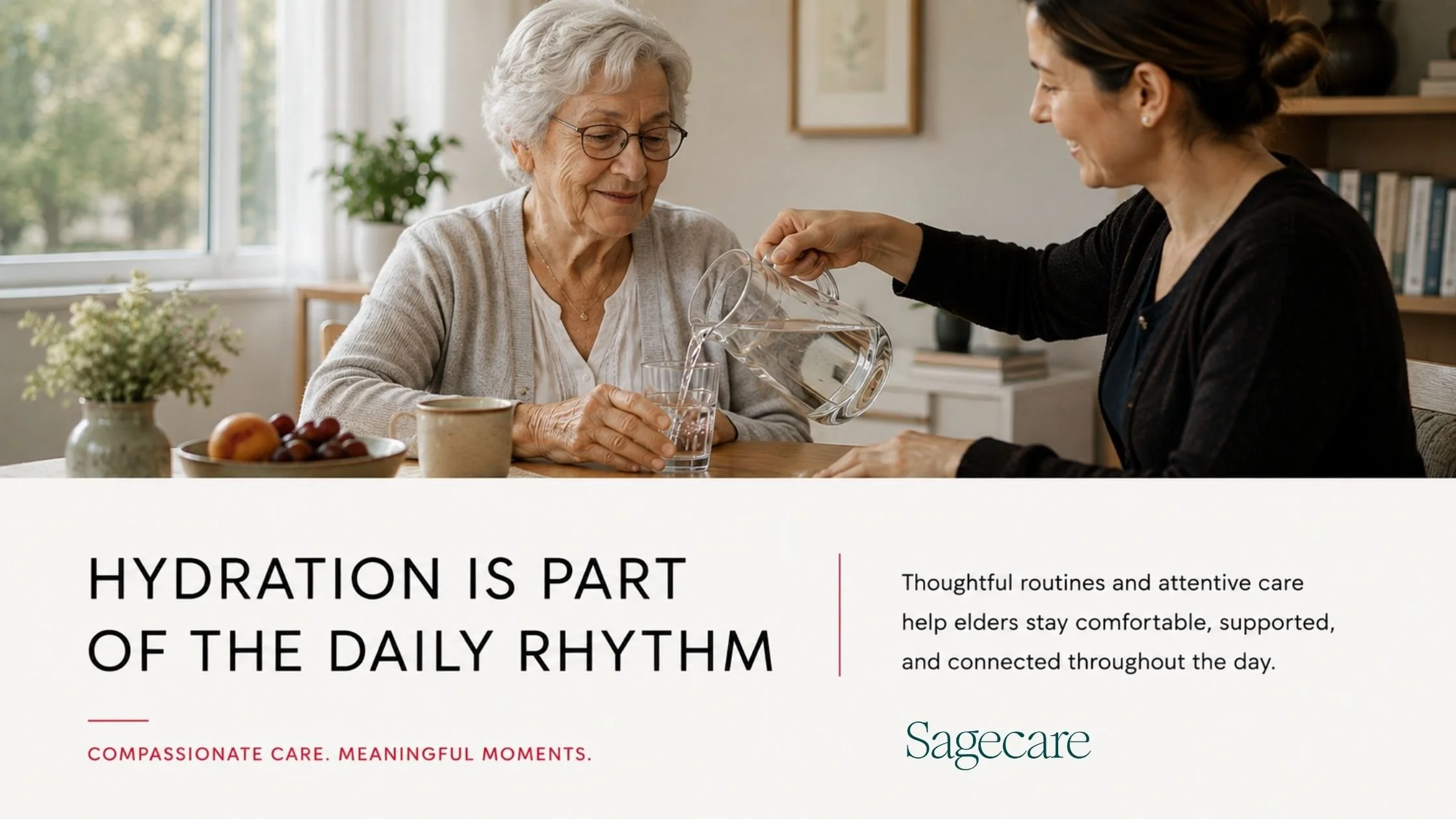 Caregiver pouring a glass of water for an older woman, representing hydration as part of a supportive daily dementia care routine at Sagecare