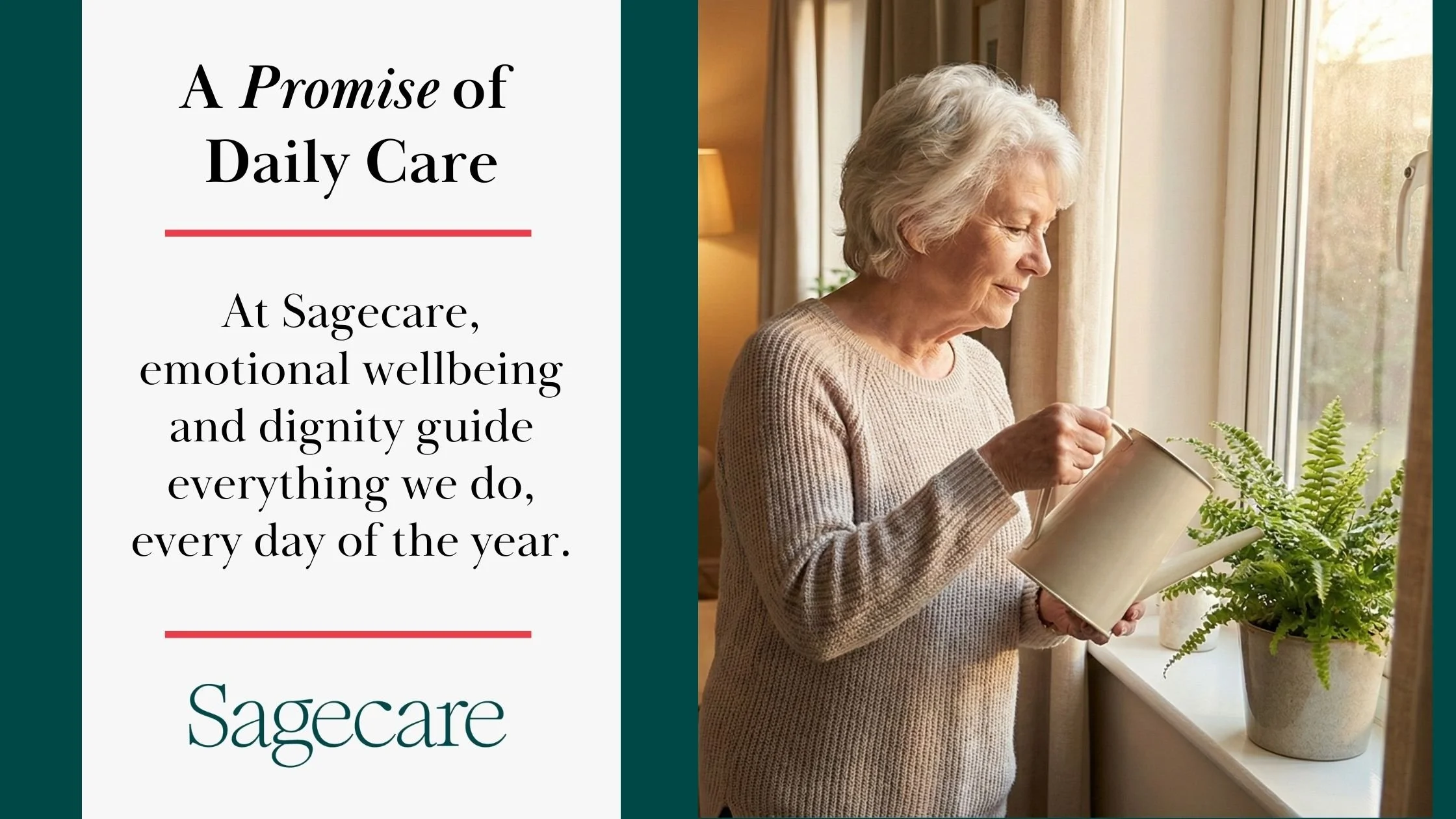 Older adult gently watering plants by a window at home, symbolizing dignity, independence, and the promise of daily compassionate care.