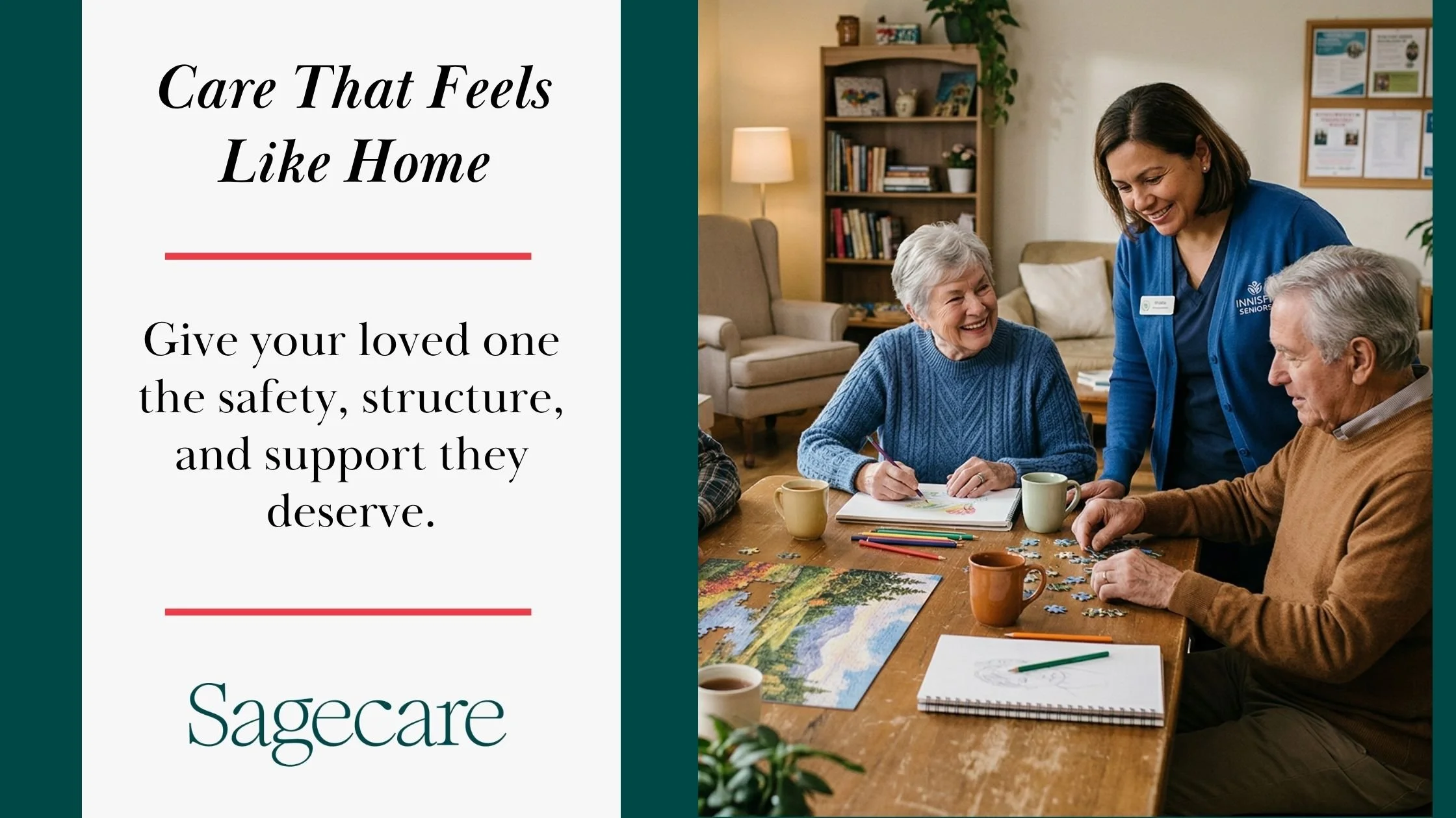 Image Alt Text: Caregiver supporting two seniors during a relaxing activity in a warm and welcoming senior care home environment at Sagecare
