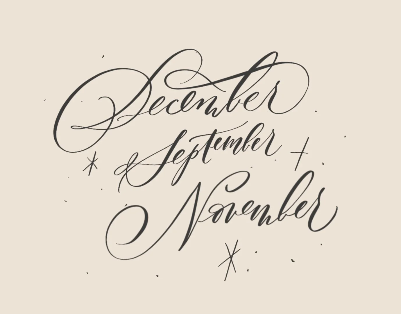 Decorative handwritten text reading 'December', 'September', and 'November' on a beige background with small star-like accents.