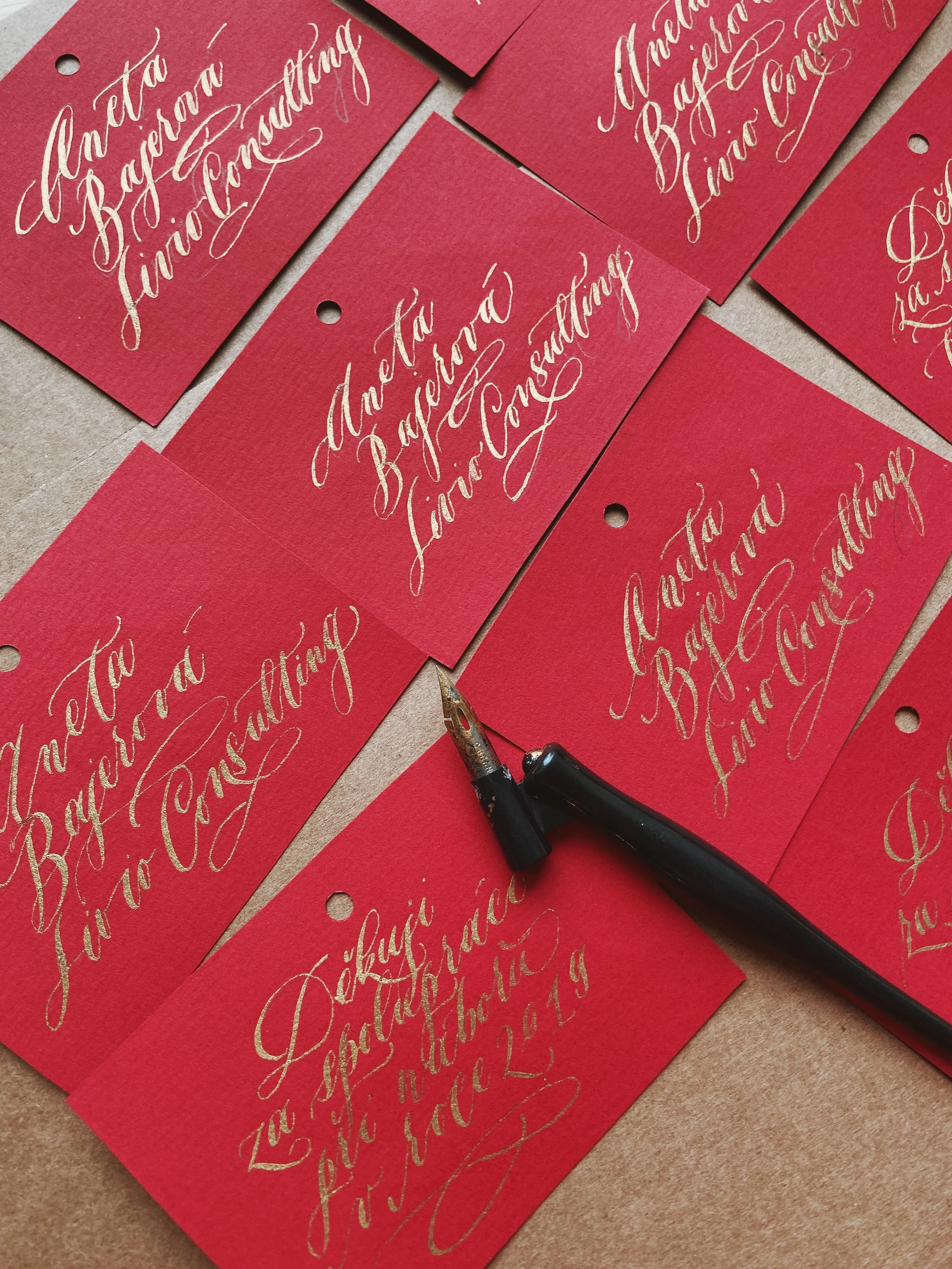 Red tags with gold foil calligraphy reading 'Andata Baggage' and 'Lina Promel' arranged on a brown surface, with a dip pen nearby.
