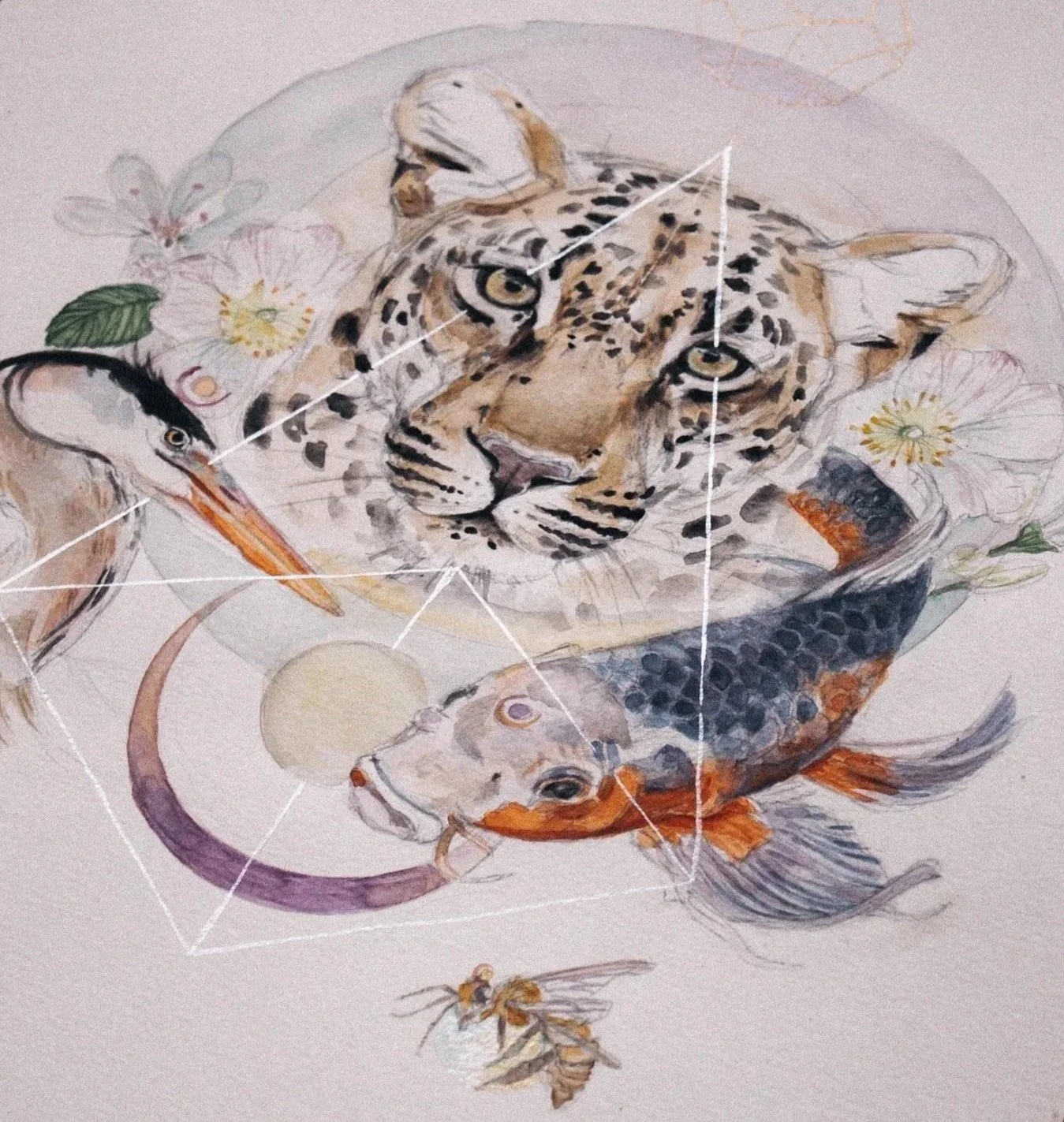 A watercolor painting of a jaguar's face surrounded by flowers, a heron, a fish, a moon, a bee, and geometric lines.