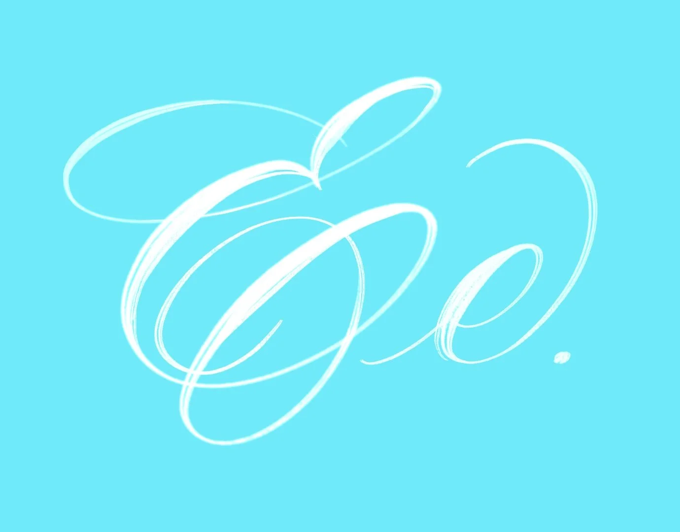 White cursive initials 'L' and 'E' on light blue background.