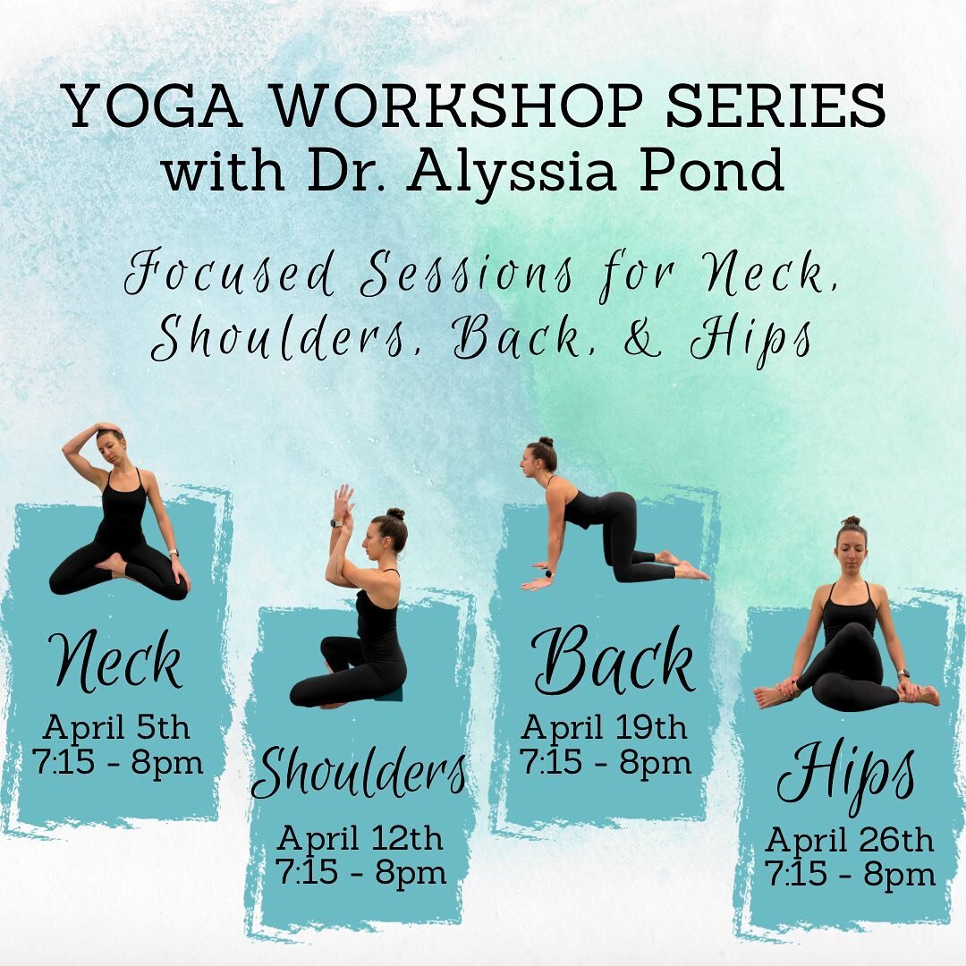 We&rsquo;re so excited to announce this upcoming yoga workshop series! 💫 
 
Led by guest instructor Dr. Alyssia Pond, this series will include four sessions focusing on areas of common tension and tightness in the body. Each Wednesday in April, Alys