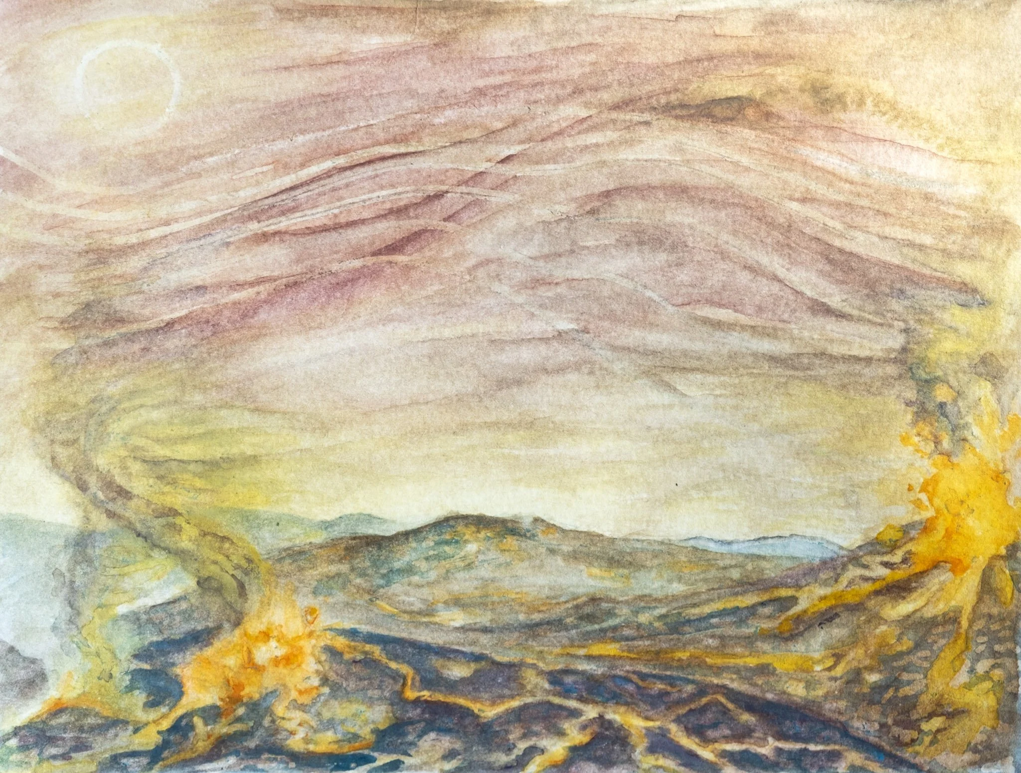 Contemporary Watercolour painting sketch of volcanic activity on the Planet Venus Surface Ma'at Maat Mons volcano art inspired by science and astronomy