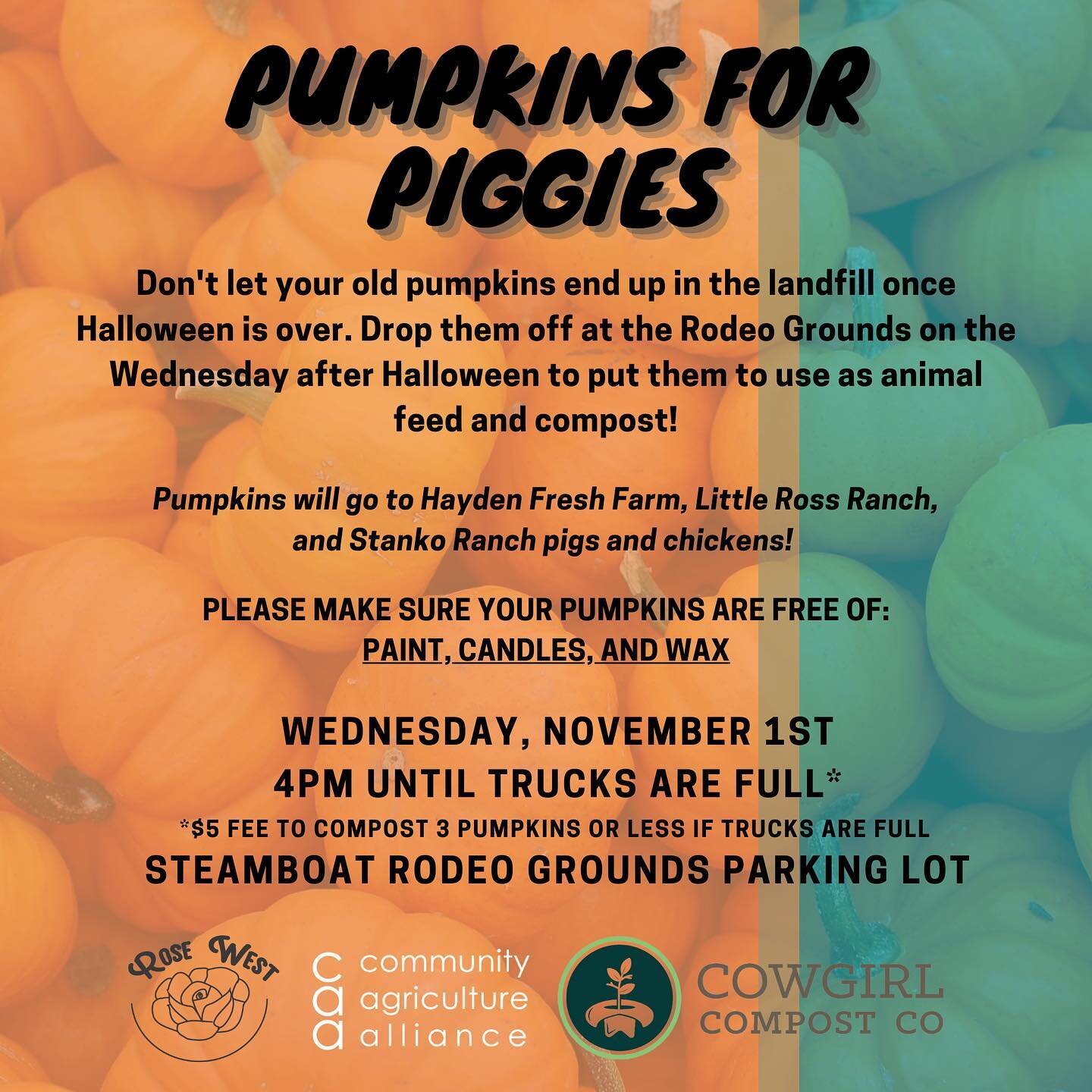 FOURTH ANNUAL PUMPKINS FOR PIGGIES IS BACK! Divert waste from the landfill and support local ag&hellip;need I say more!?

See you there!🎃🐷
